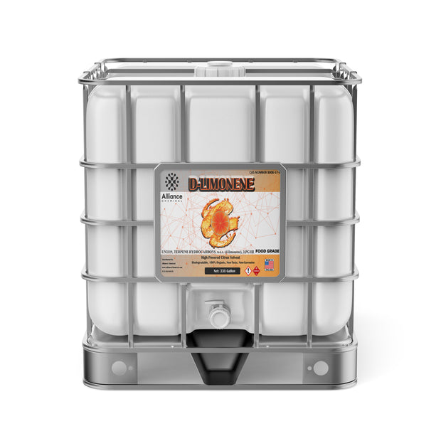 One 330-gallon tote of Alliance Chemical D-Limonene 94% - Food Grade with a metal cage, spigot, and product label.