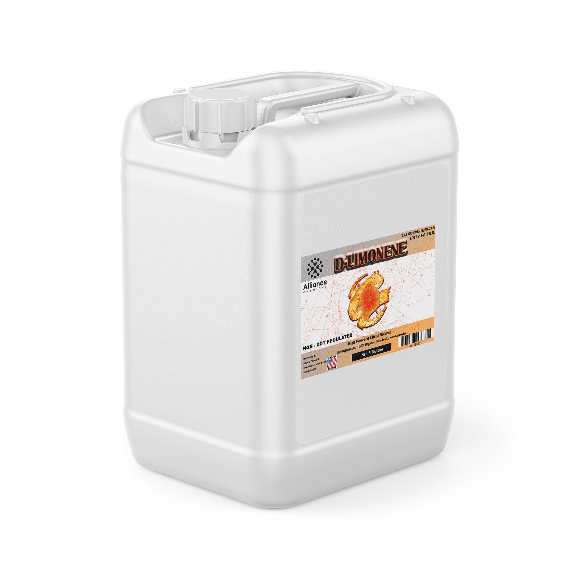 5-gallon white HDPE container of non-DOT regulated D-Limonene citrus solvent by Alliance Chemical with orange product label and screw cap.