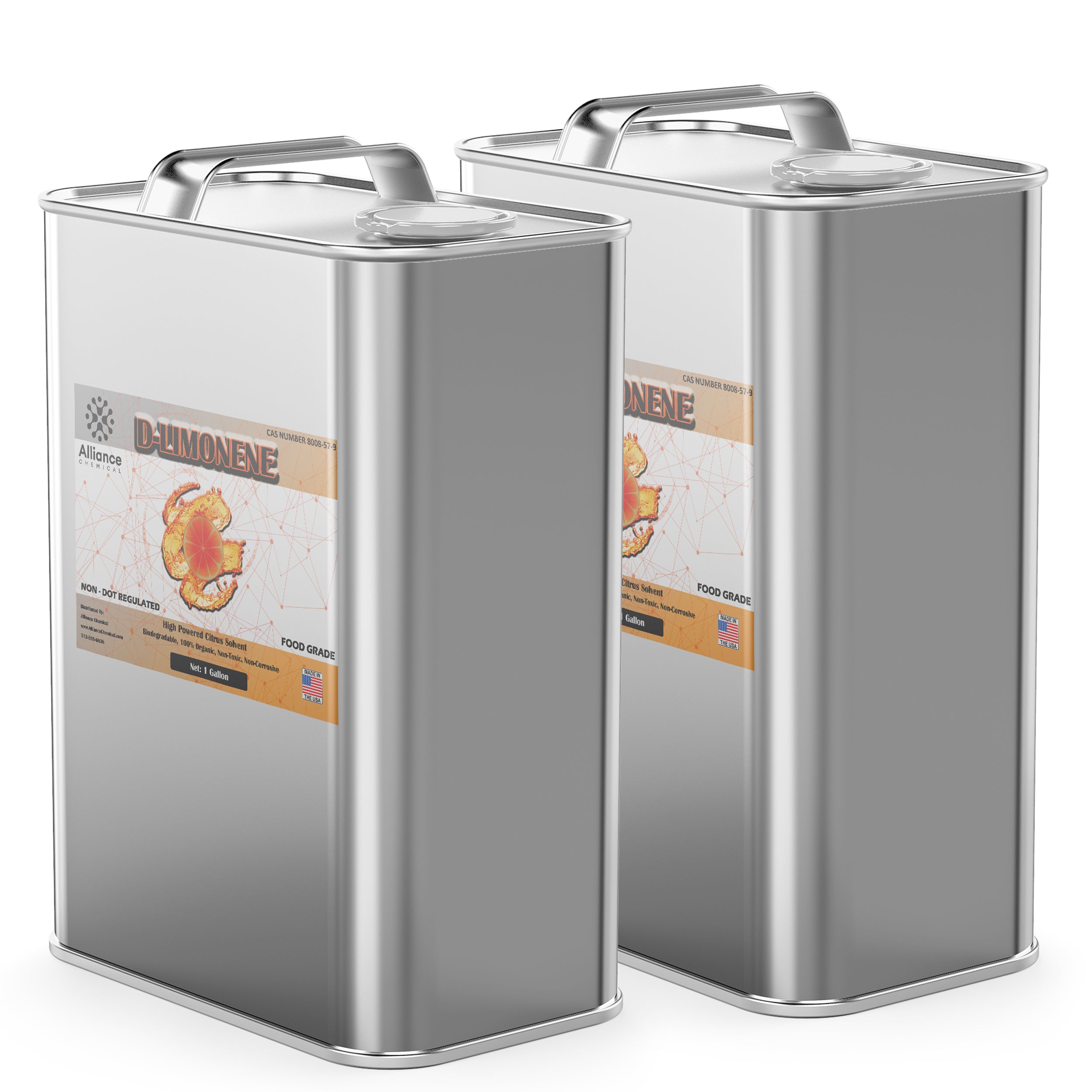 2-gallon food-grade D-Limonene in silver aluminum containers with safety handle, Alliance Chemical brand, non-DOT regulated, Made in USA certification.