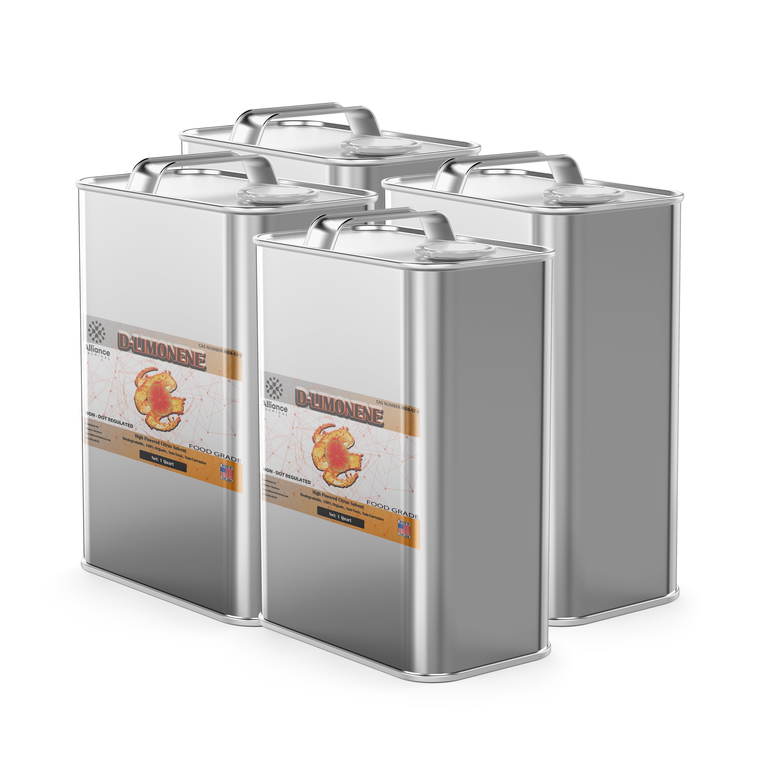 4x1-quart stainless steel canisters of food-grade D-Limonene citrus solvent, Alliance Chemical brand, with orange-accented labels and carry handles.