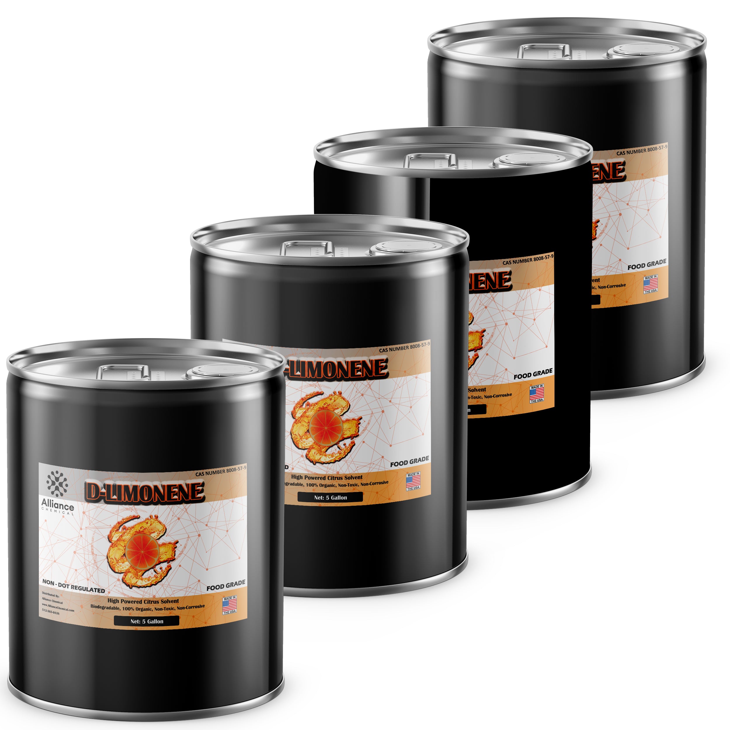 5-gallon drums of D-Limonene food-grade citrus solvent, black industrial containers with orange-labeled Alliance Chemical branding, non-DOT regulated, Made in USA.