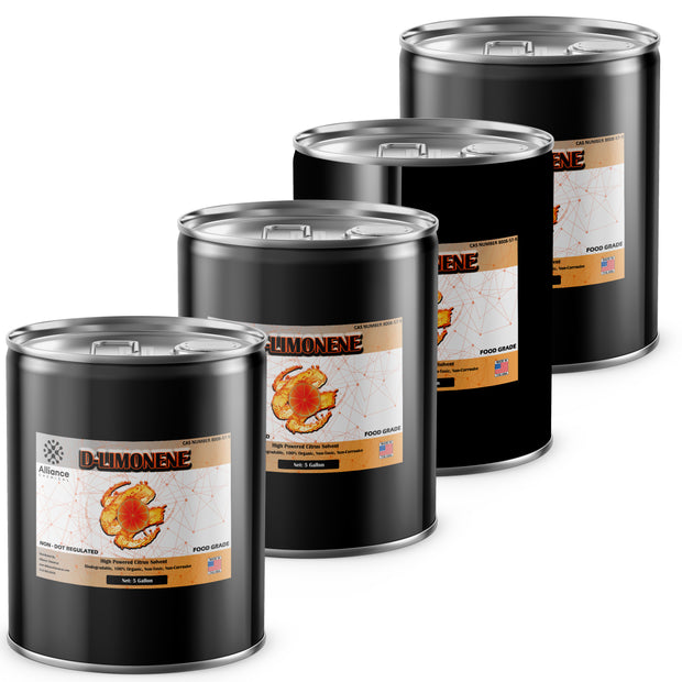 Alliance Chemical 5-gallon drums of D-Limonene food-grade citrus solvent, black industrial containers non-DOT regulated
