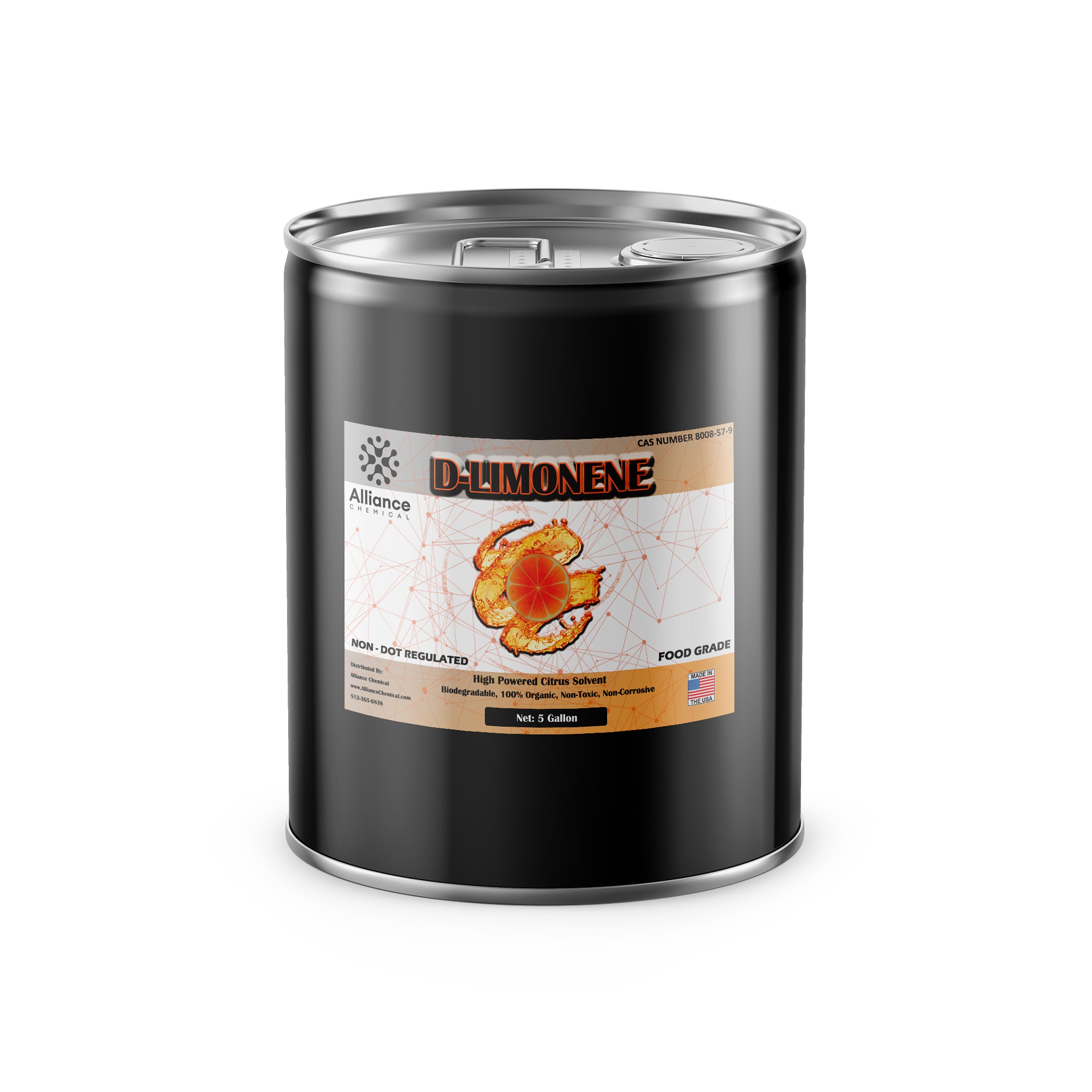 5-gallon black steel drum of food-grade D-Limonene citrus solvent, non-DOT regulated, biodegradable organic compound by Alliance Chemical, US-made.