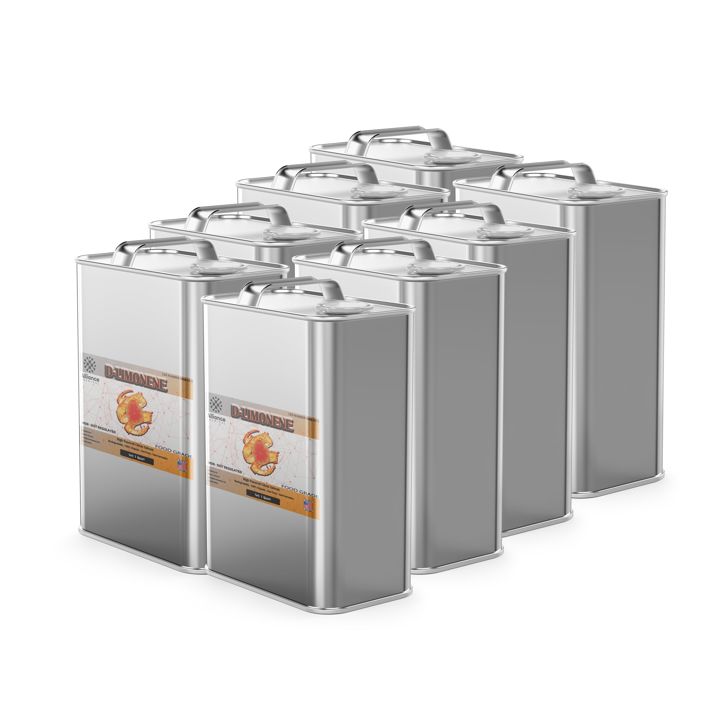 8-quart case of food-grade D-Limonene citrus solvent in silver metal F-style cans with safety-sealed lids and orange/white product labels.