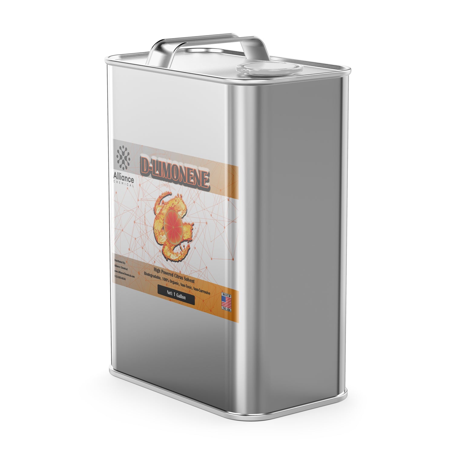 1-gallon metal container of D-Limonene industrial citrus solvent, 100% organic, biodegradable, non-toxic formula with Alliance Chemical branding.