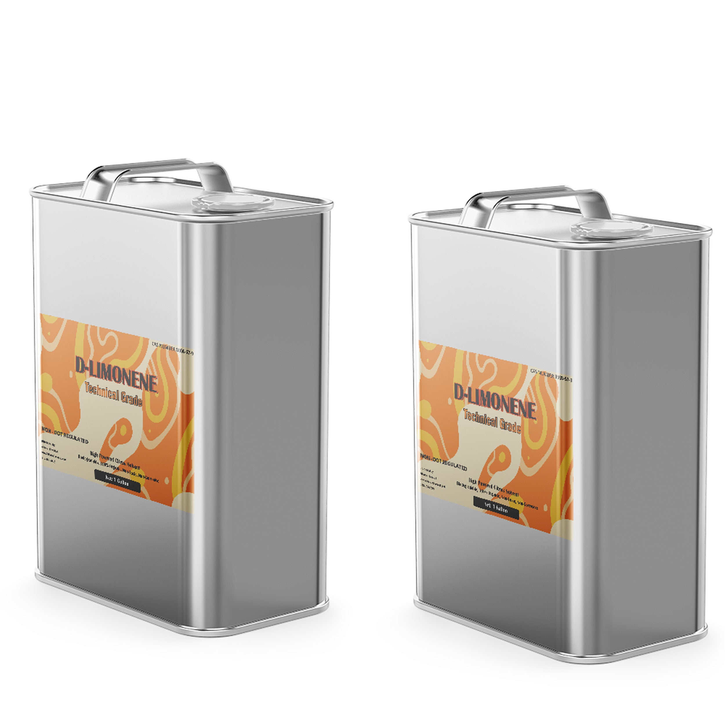 2-gallon silver metal canisters of technical-grade D-Limonene solvent in industrial F-style containers with orange-labeled product identification.