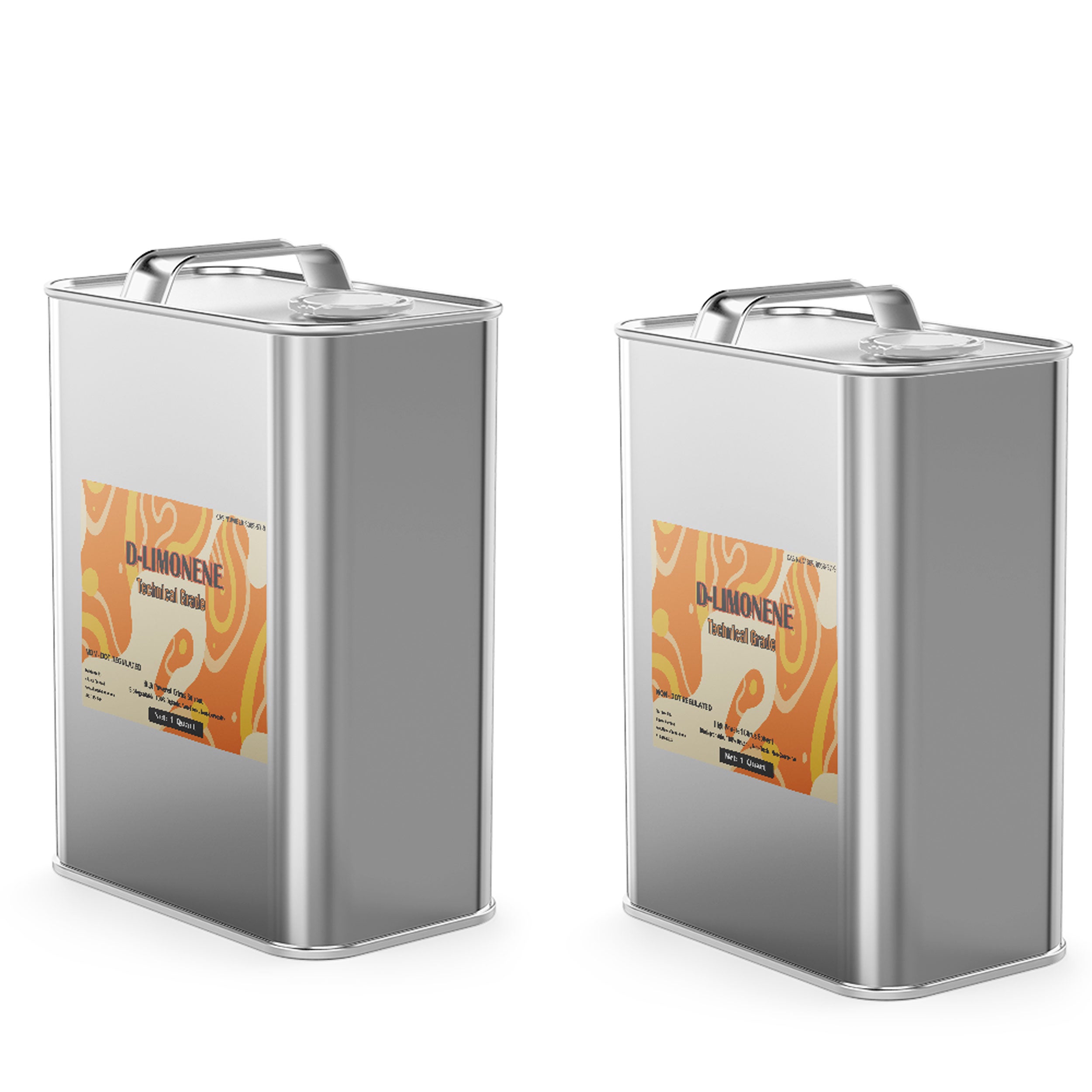 2-quart stainless steel canisters of technical-grade D-Limonene solvent with orange label design, industrial chemical storage containers.