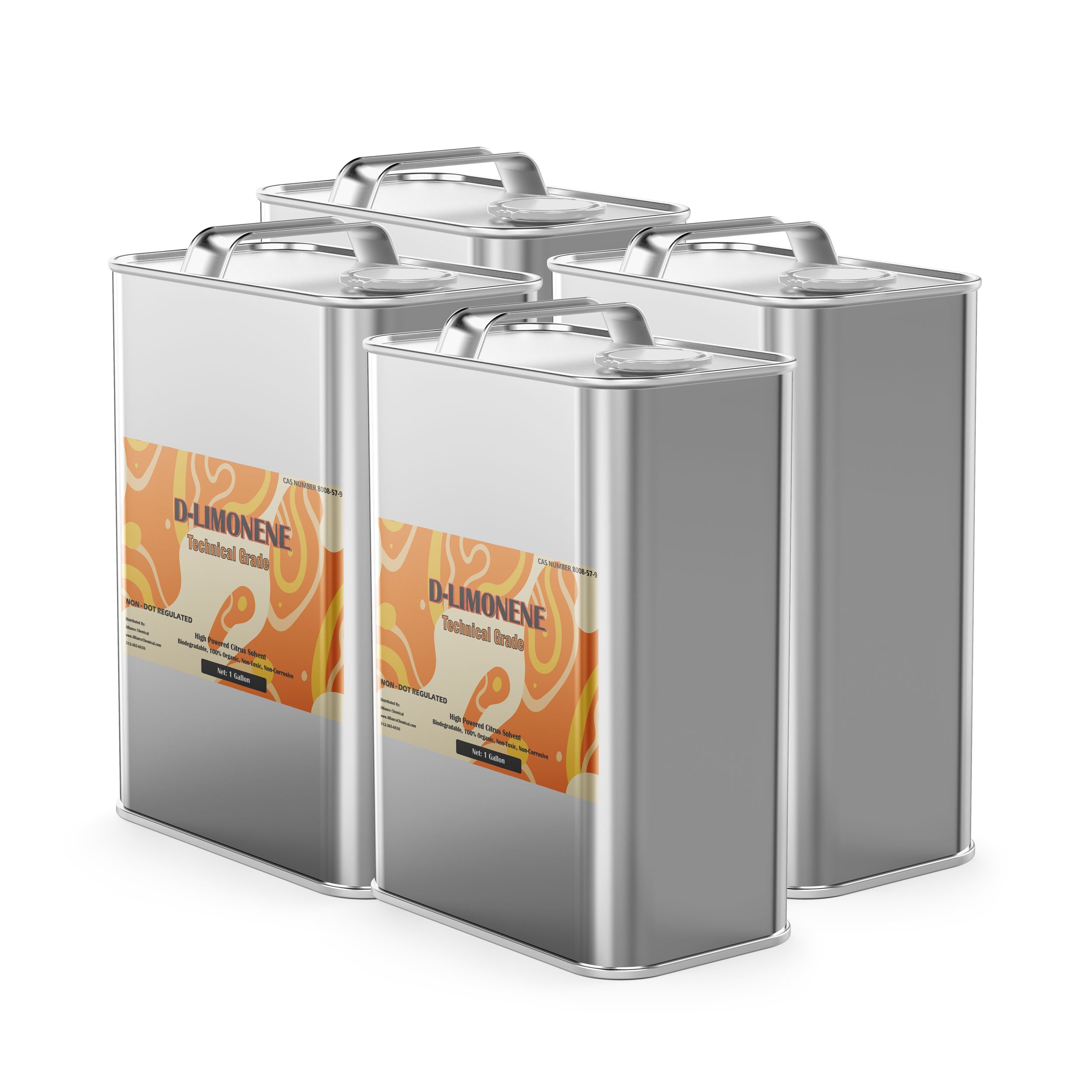 4x1-gallon metal canisters of technical-grade D-Limonene solvent in silver steel containers with orange-labeled industrial packaging.