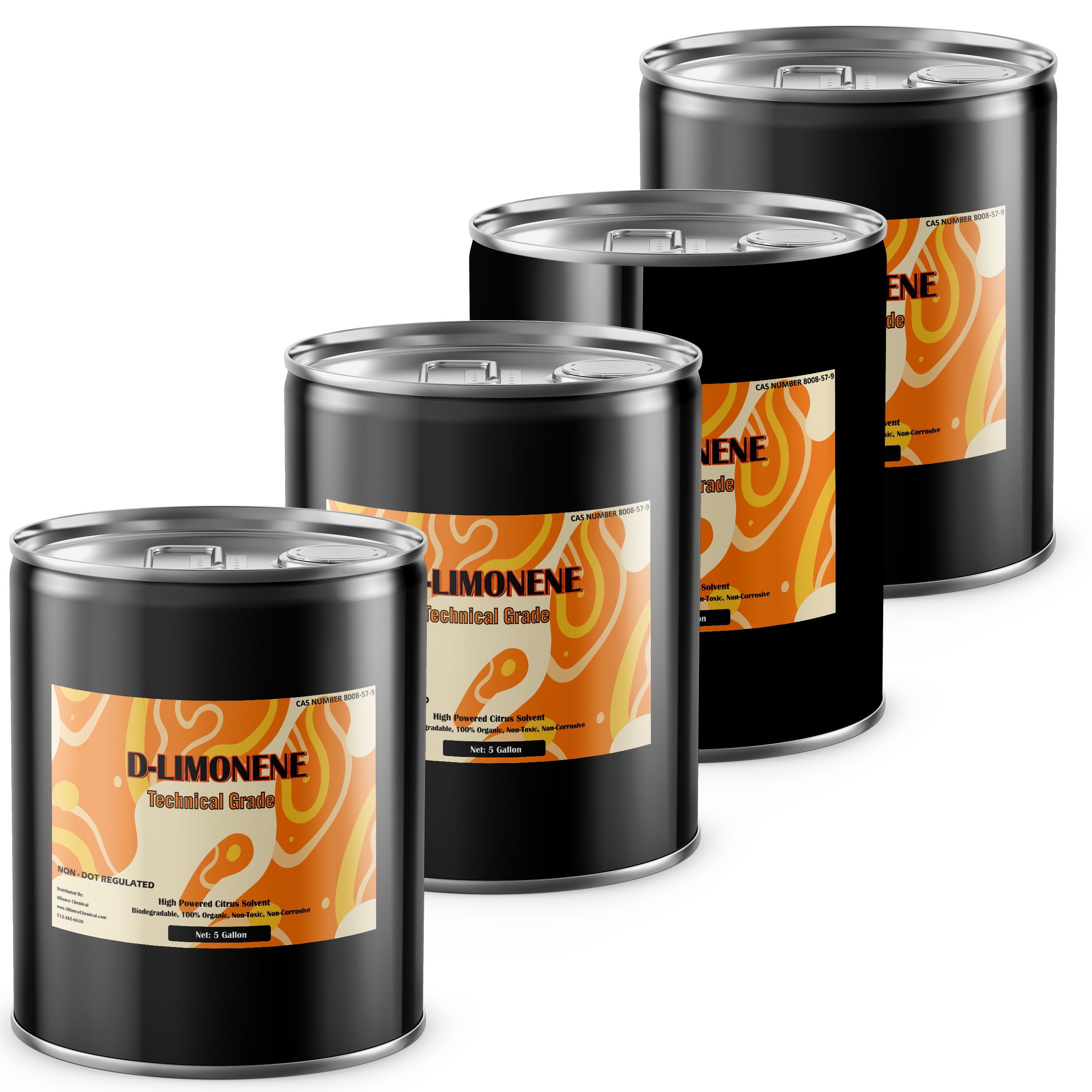 5-gallon drums of D-Limonene Technical Grade citrus solvent, black steel containers with orange-accented labels, biodegradable non-DOT regulated chemical.