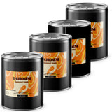 Four 5-gallon steel pails of Alliance Chemical D-Limonene Technical Grade with silver lids and patterned labels.