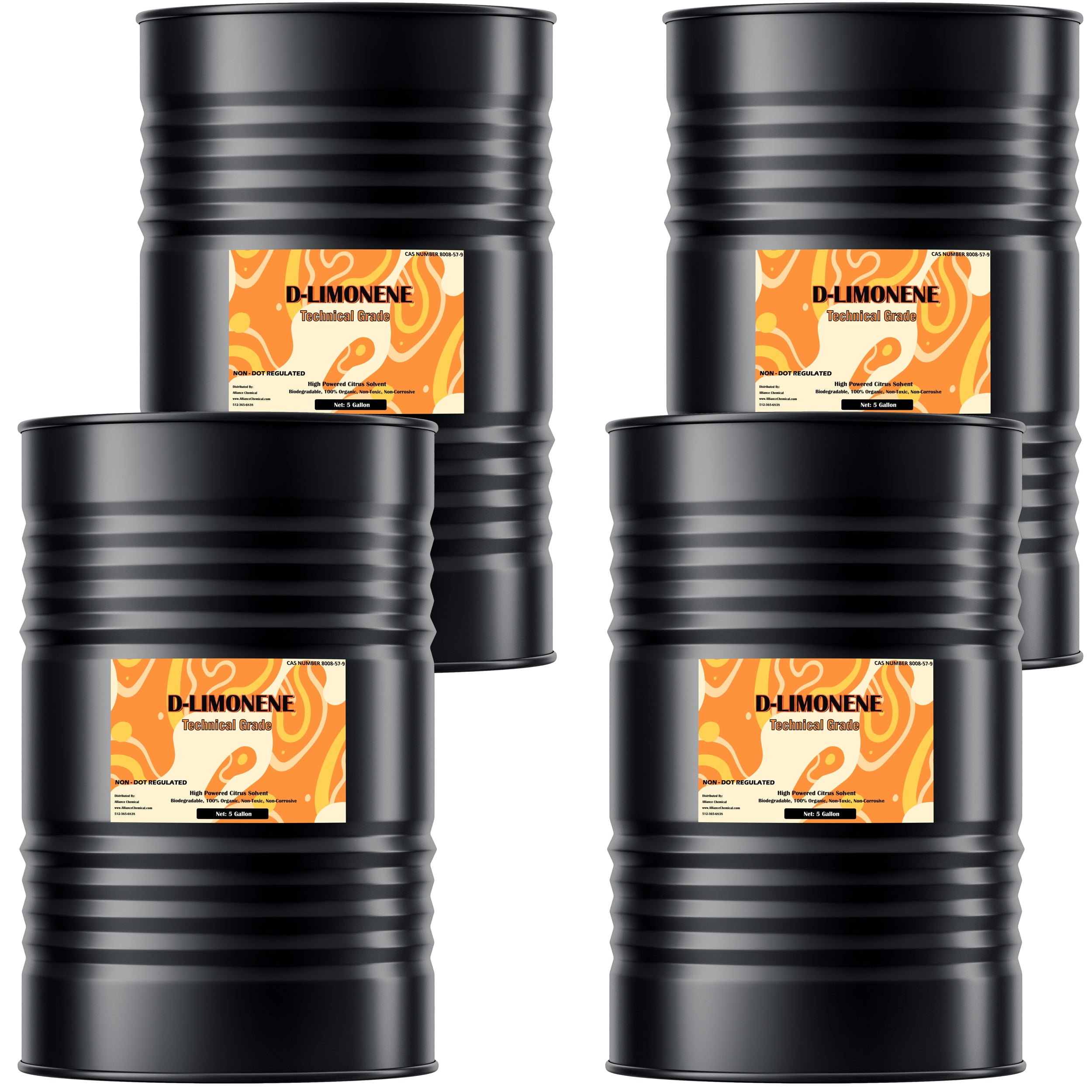 4x55-gallon black steel drums of technical-grade D-Limonene with orange citrus-themed labels, non-DOT regulated chemical solvent packaging.