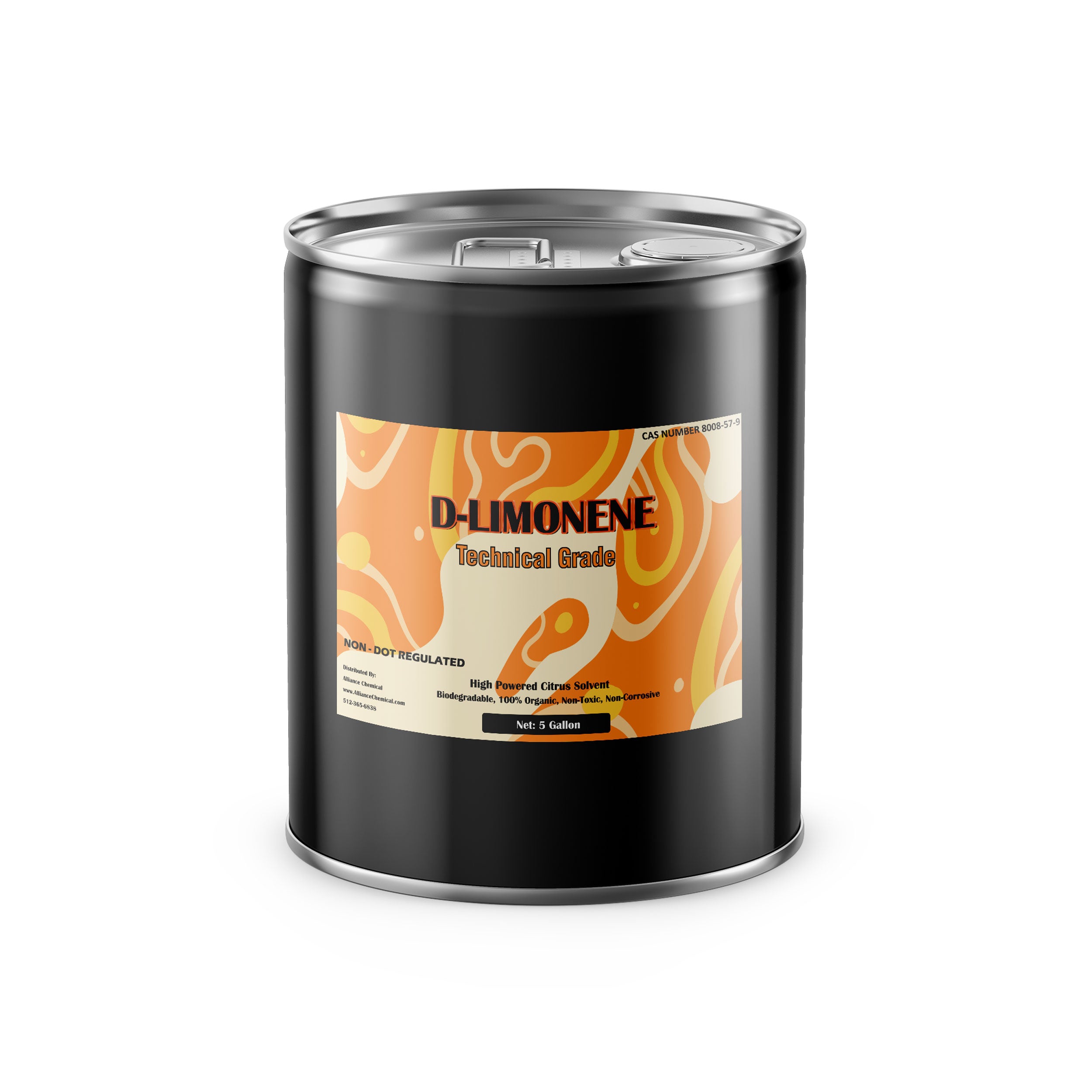 5-gallon black steel drum of technical-grade D-Limonene citrus solvent, non-DOT regulated, biodegradable organic industrial degreaser with orange label.
