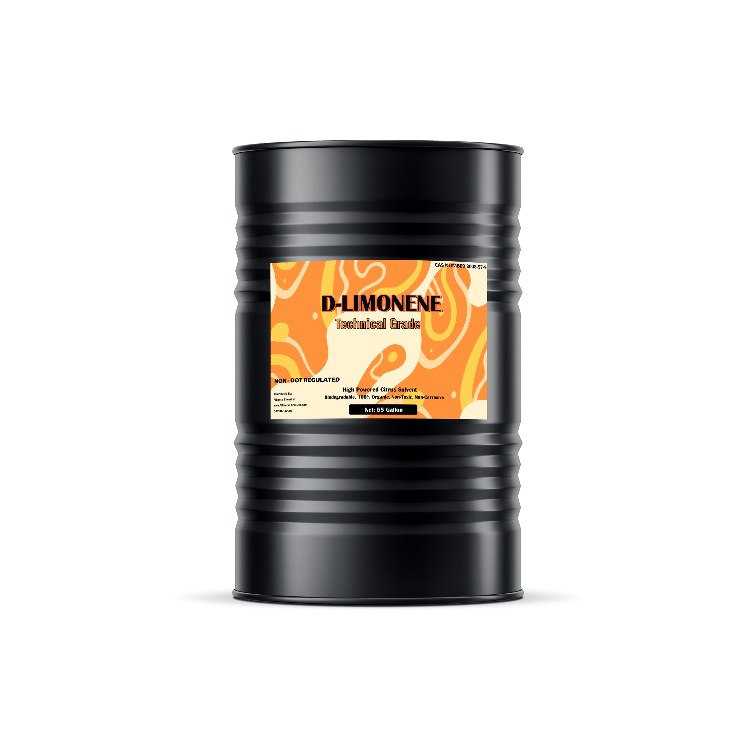 55-gallon black steel drum of D-Limonene technical grade citrus solvent, non-DOT regulated, with orange label showing biodegradable properties.