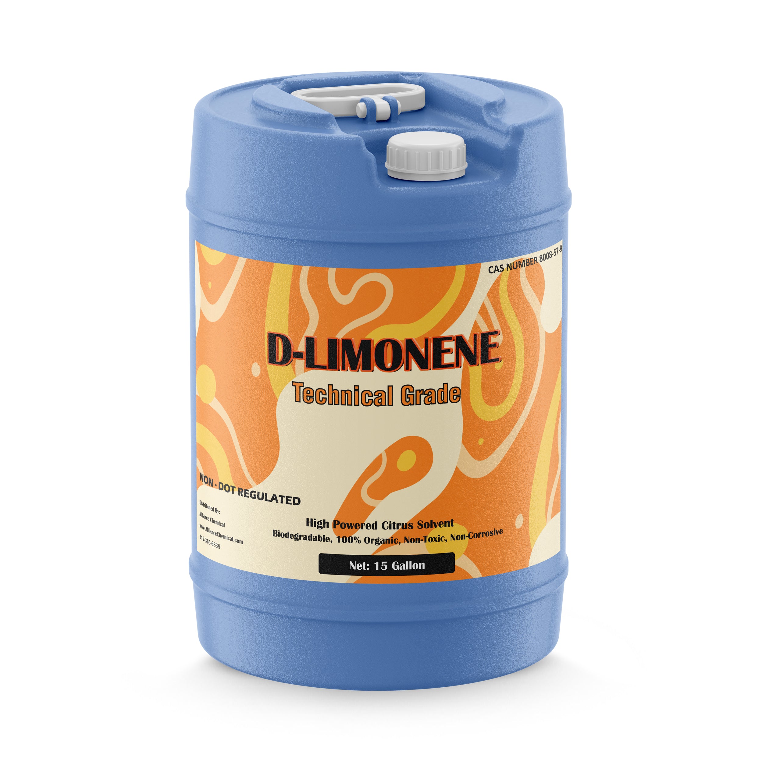 15-gallon blue HDPE carboy of technical-grade D-Limonene citrus solvent, non-DOT regulated, biodegradable, with CAS number and safety details.
