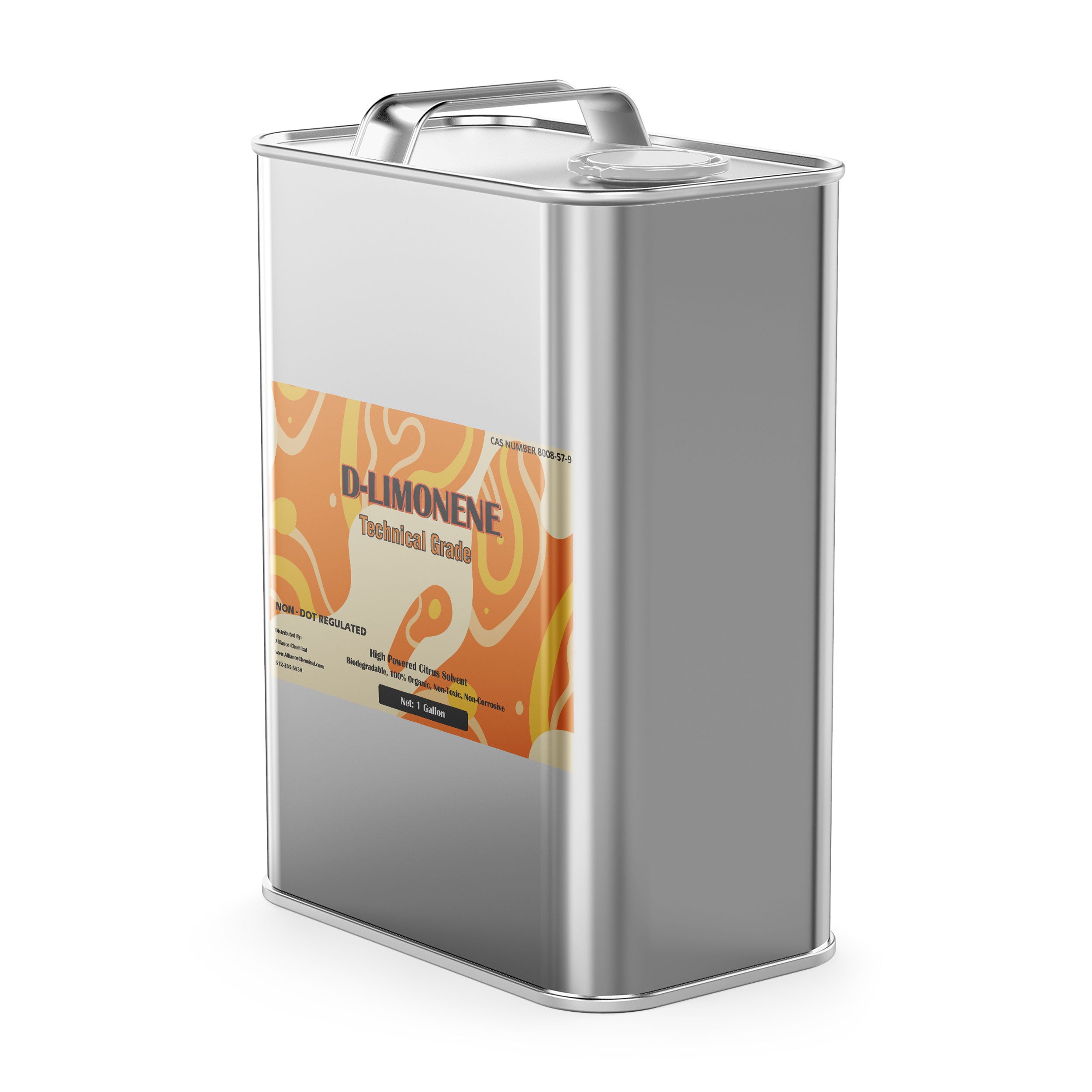 One-gallon aluminum container of Technical Grade D-Limonene, biodegradable organic solvent in metallic F-style can with handle, NON-DOT regulated labeling.