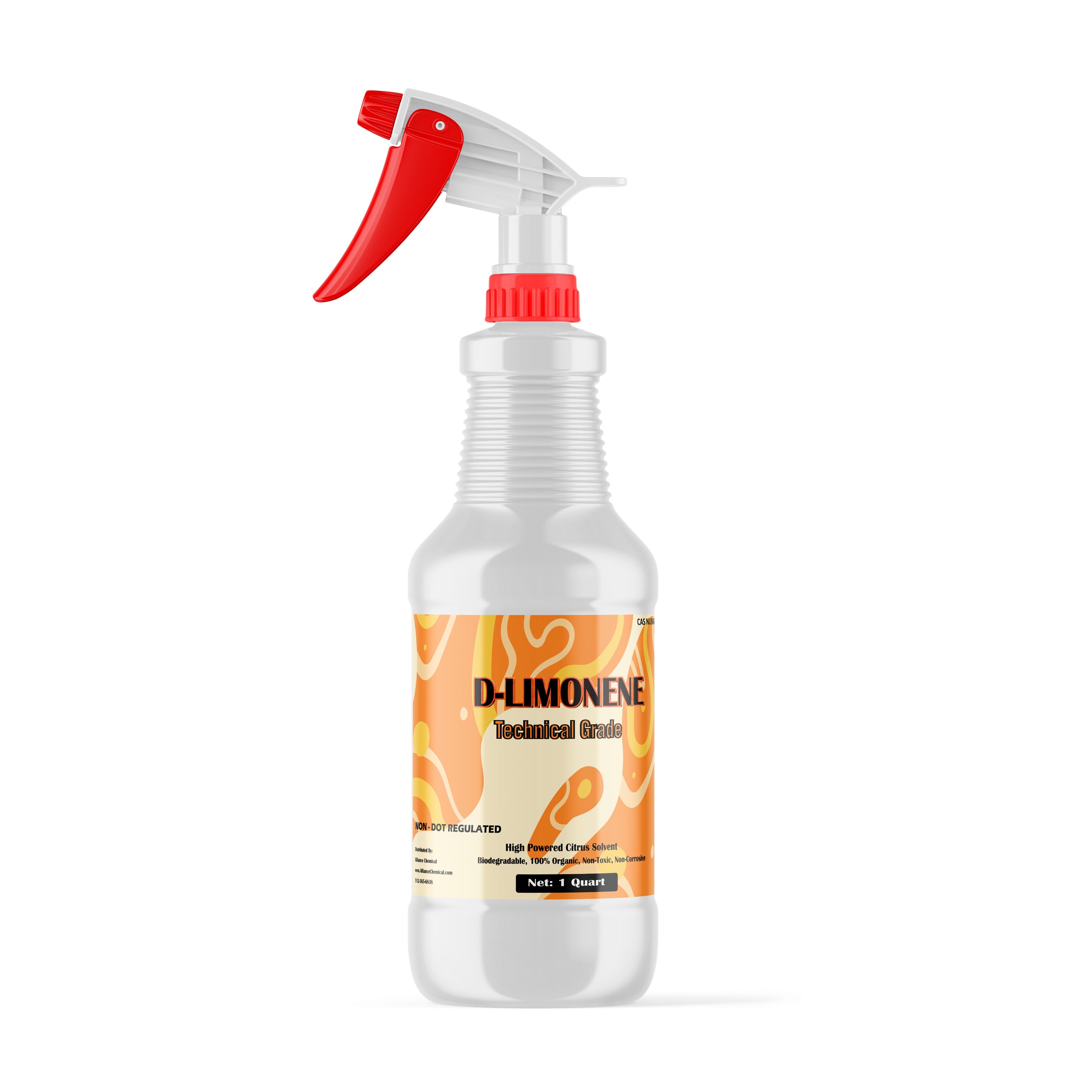 1-quart d-Limonene technical grade citrus solvent in white HDPE spray bottle with red trigger sprayer, biodegradable, non-DOT regulated.