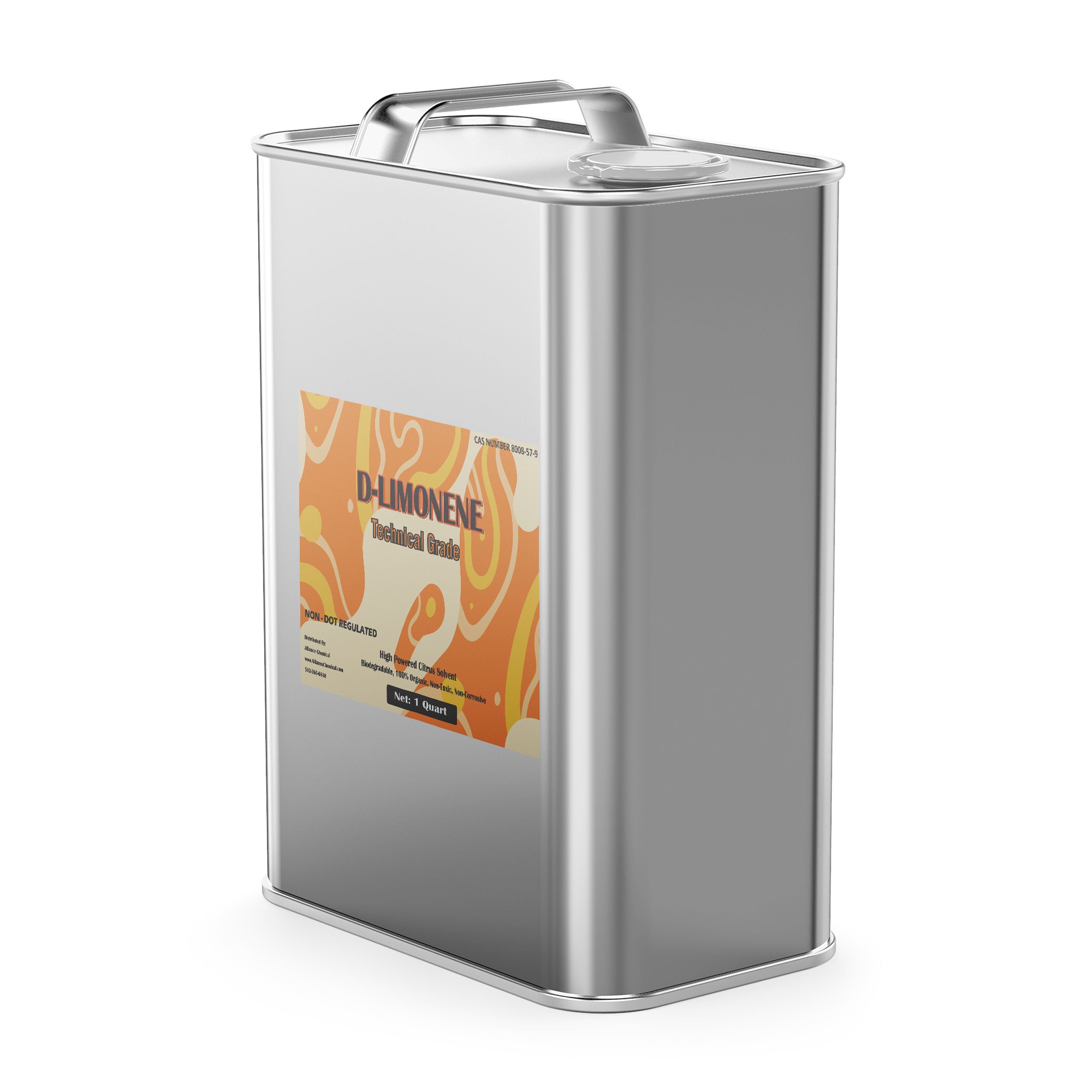 1-quart metal container of technical-grade D-Limonene solvent in silver F-style can with orange label, DOT-regulated industrial chemical.