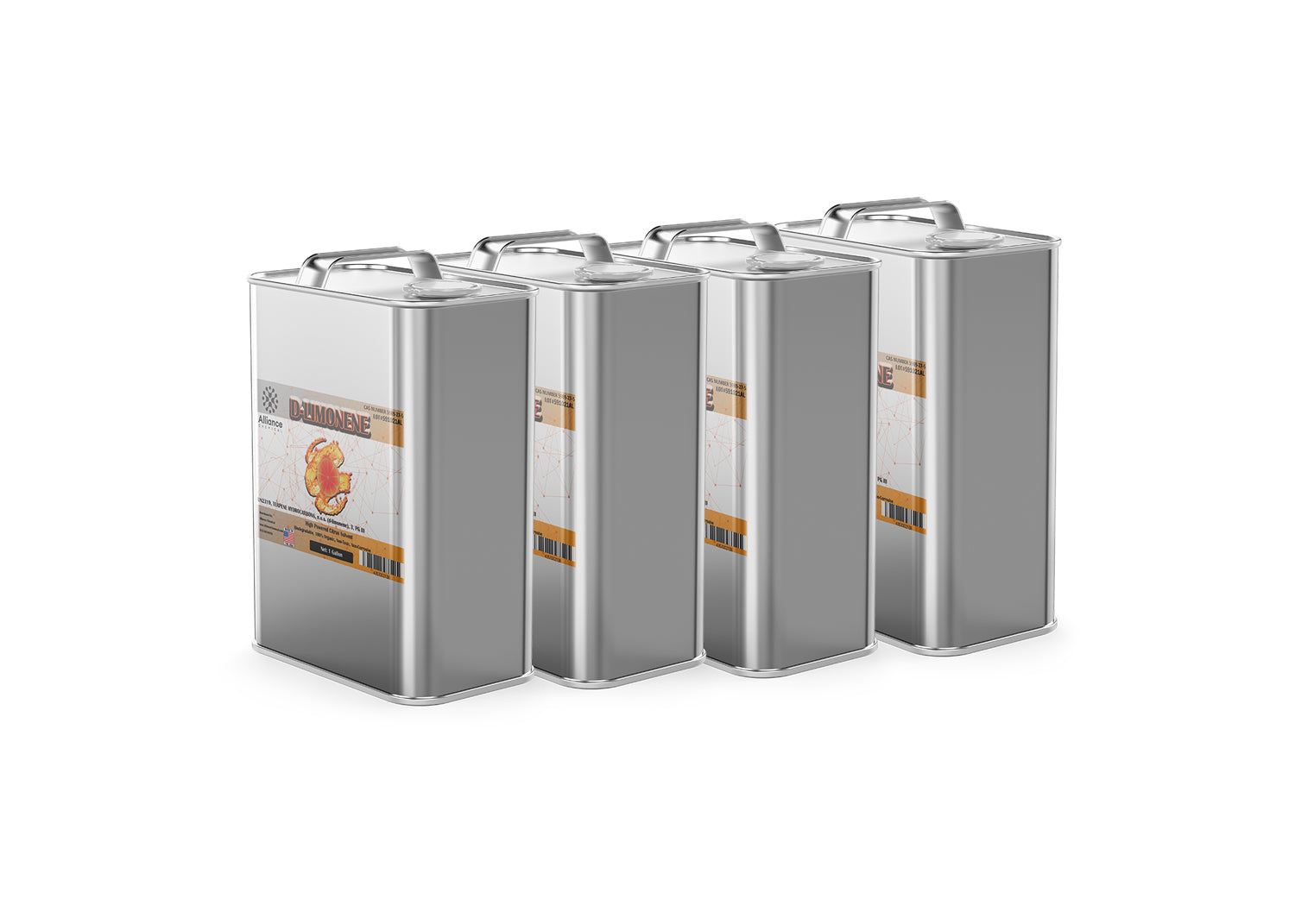 4-pack of 1-gallon steel cans containing USP-grade d-Limonene solvent, featuring orange citrus logo and industrial chemical labeling.