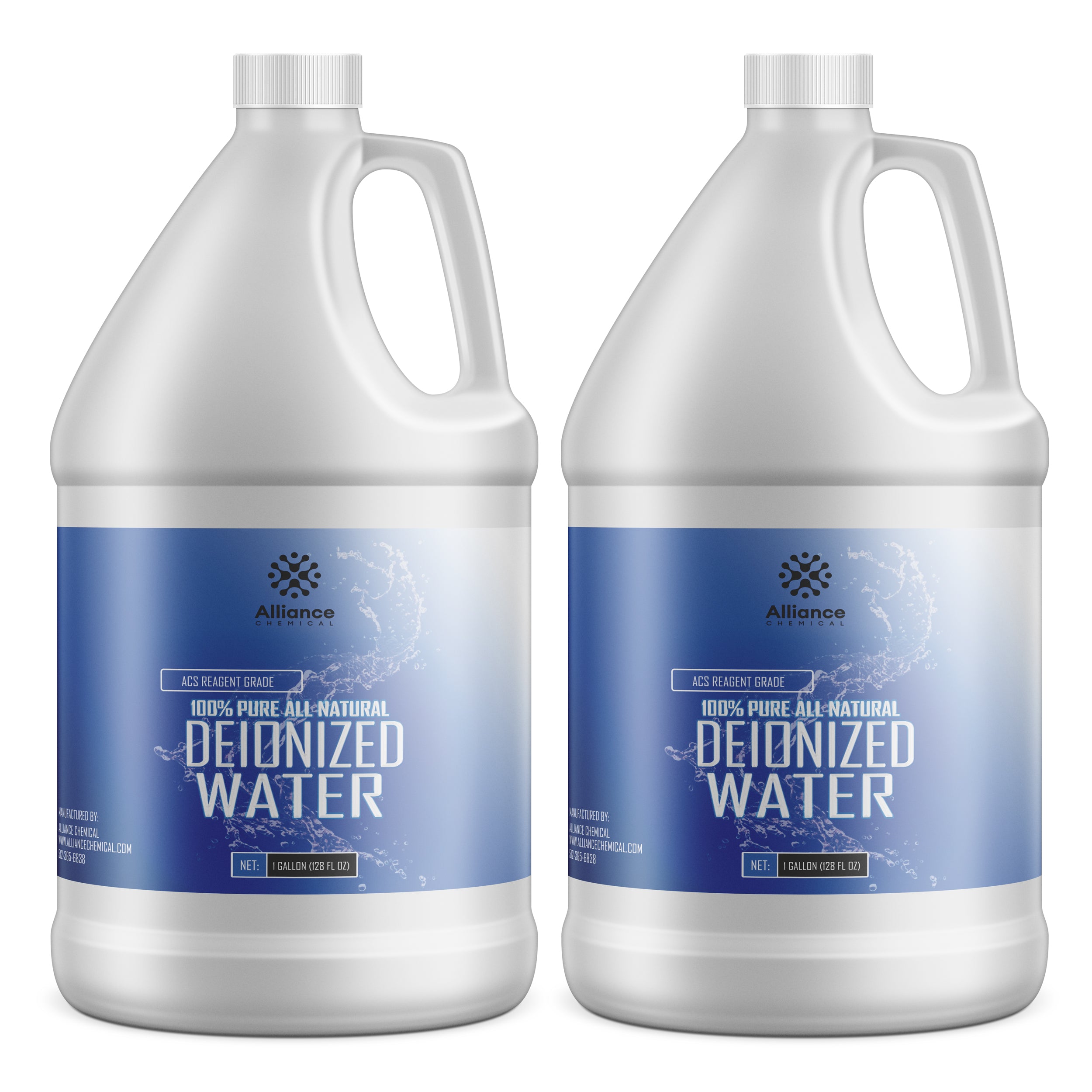 Two 1-gallon HDPE jugs of ACS reagent-grade deionized water by Alliance Chemical, featuring blue and white labels and ribbed safety caps.