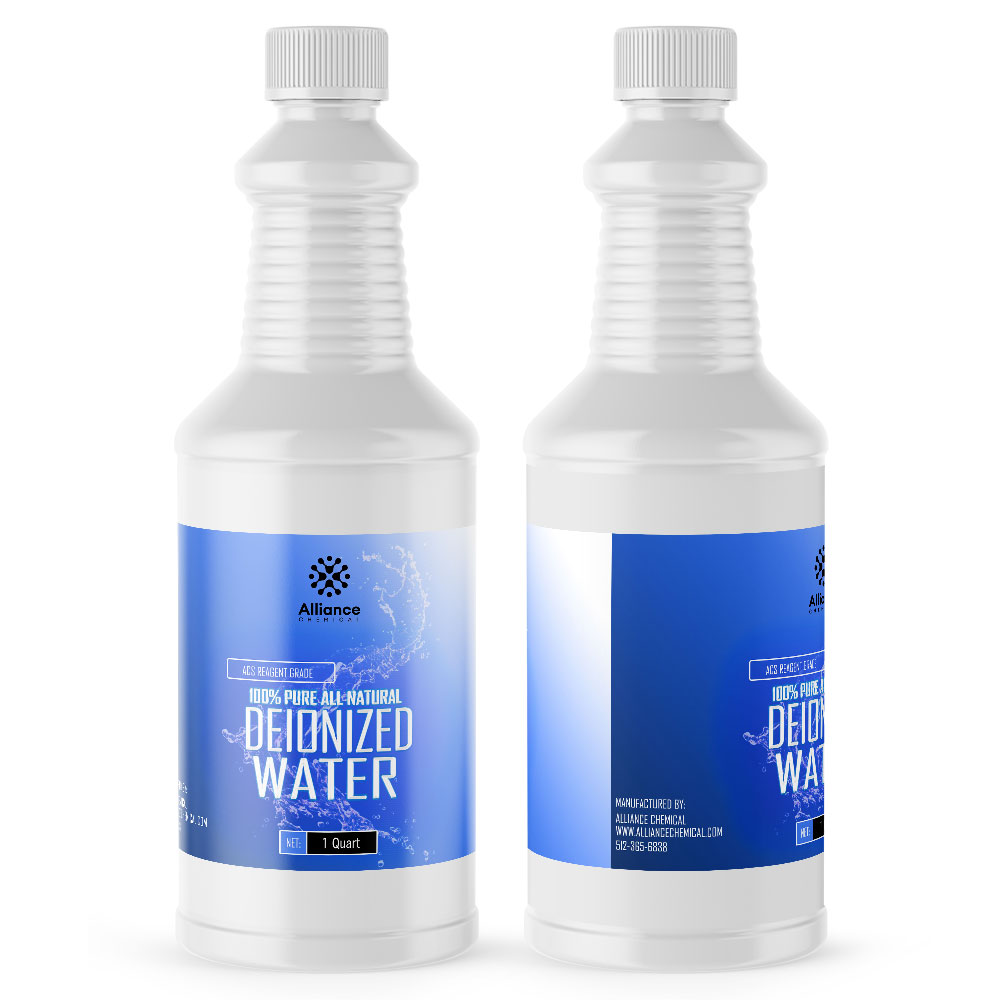 1-quart plastic bottle of Alliance Chemical deionized water, white HDPE container with blue label, ribbed grip design and screw cap.