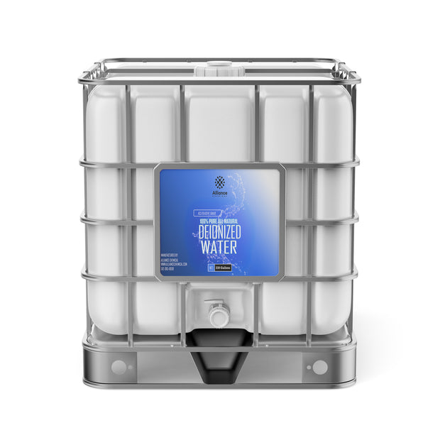 One 330-gallon tote of Alliance Chemical Deionized Water with a steel cage, plastic container, and spigot.