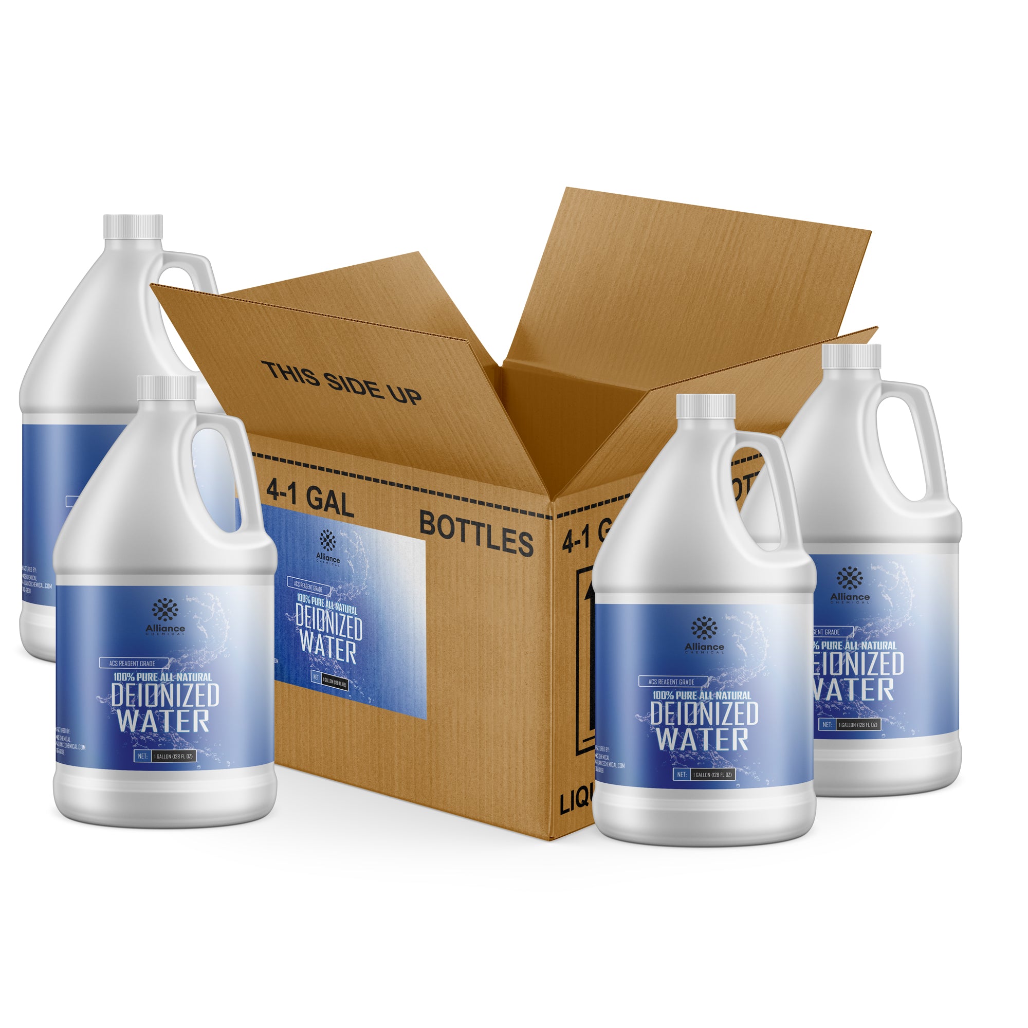 4x1-gallon deionized water in white HDPE jugs with blue labels, shown with retail packaging box marked THIS SIDE UP, Alliance Chemical brand.