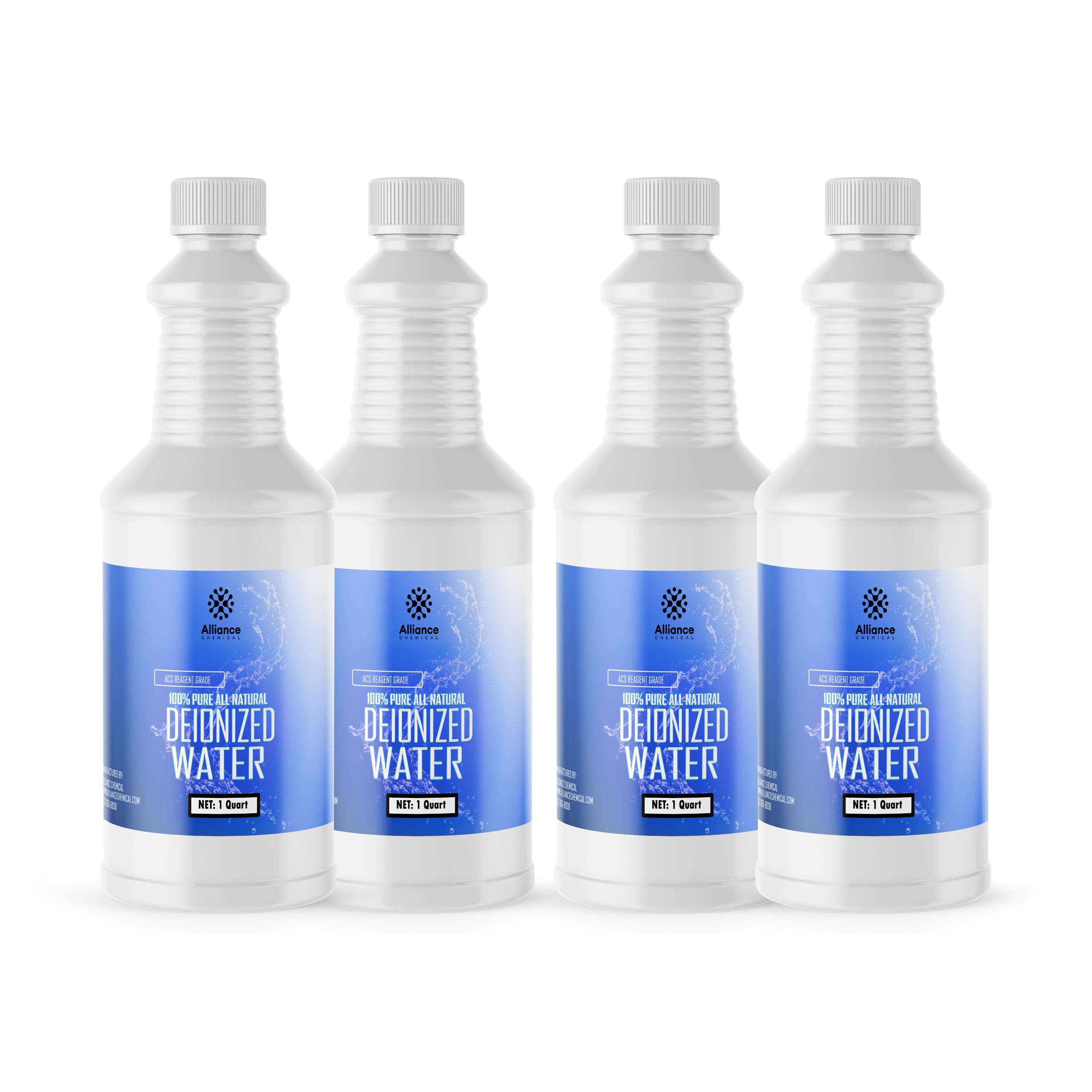 4x1-quart plastic bottles of pure deionized water in white HDPE containers with blue labels, Alliance Chemical brand, industrial-grade purified water.