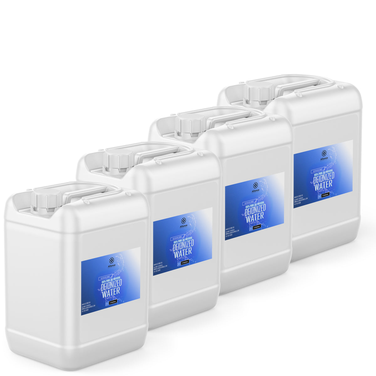 Four 5-gallon HDPE jugs of Alliance Chemical Deionized Water with white caps, handles, and blue product labels