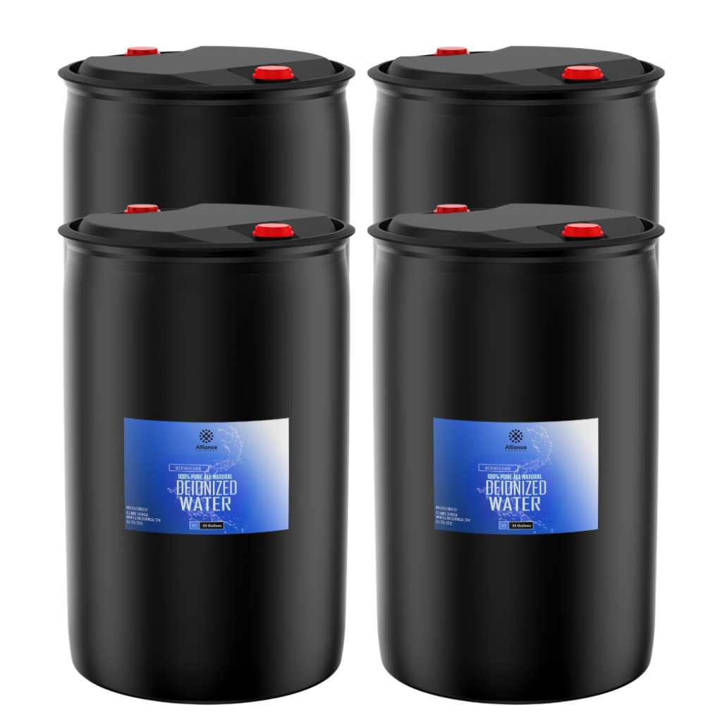 55-gallon black HDPE drums of ultra-pure deionized water with blue Alliance Chemical labels and red screw-cap lids, industrial-grade, set of 4 containers.
