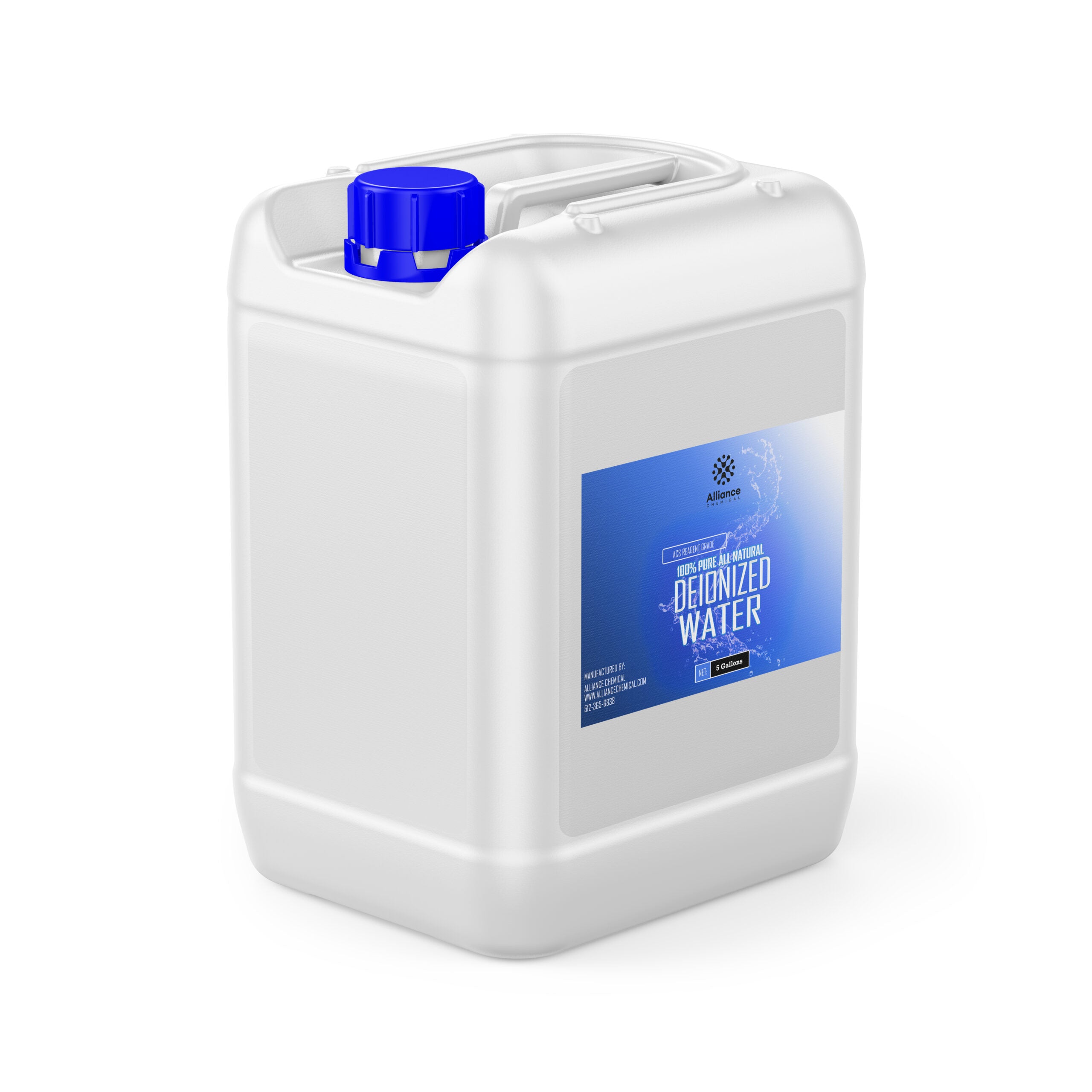 5-gallon white HDPE jerry can of Alliance Chemical deionized water with blue screw cap and laboratory-grade purity label.