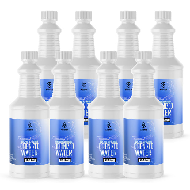 8x1-quart bottles of Alliance Chemical deionized water in clear HDPE containers with blue labels, white caps, and 100% pure