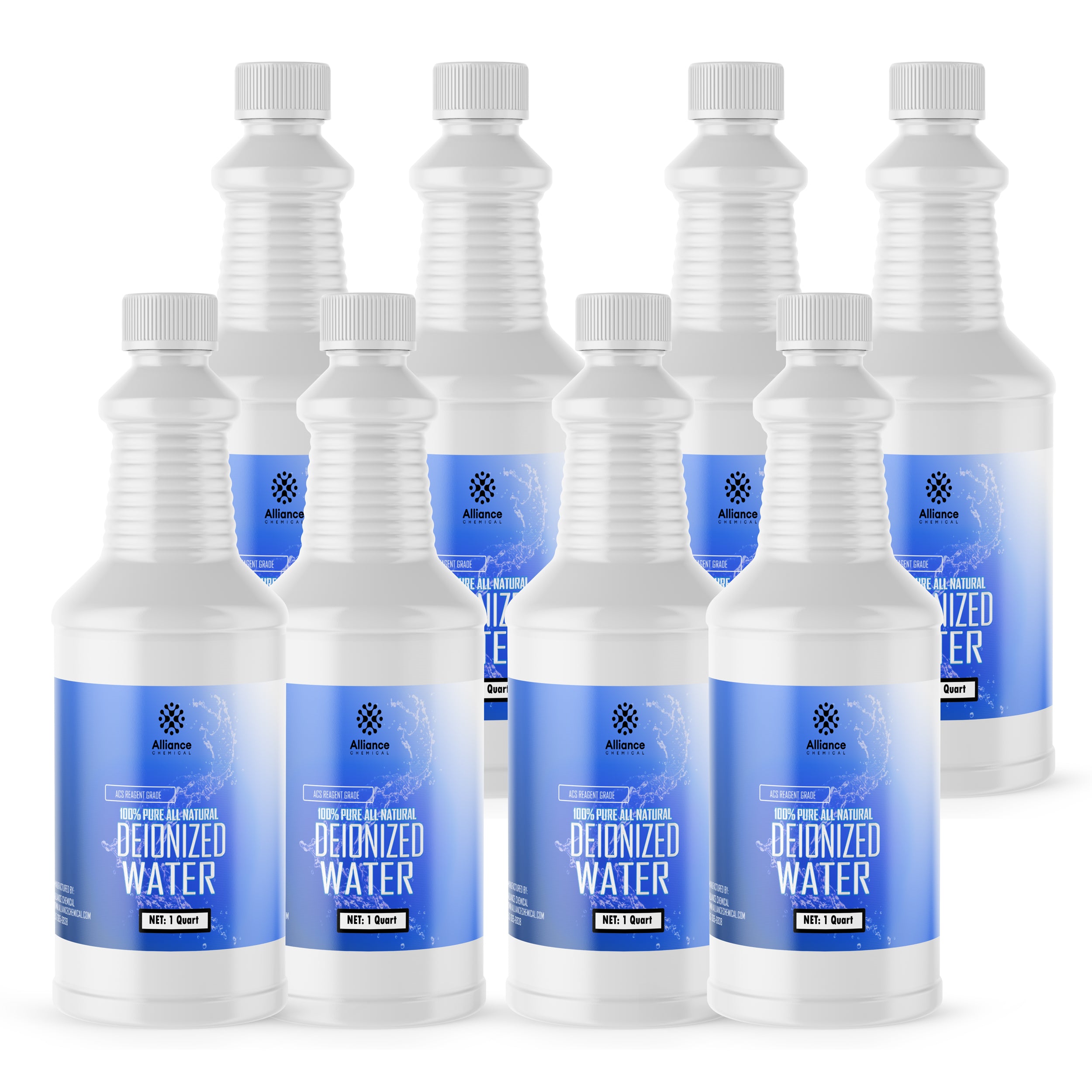 8x1-quart bottles of Alliance Chemical deionized water in clear HDPE containers with blue labels, ribbed design and white screw caps.