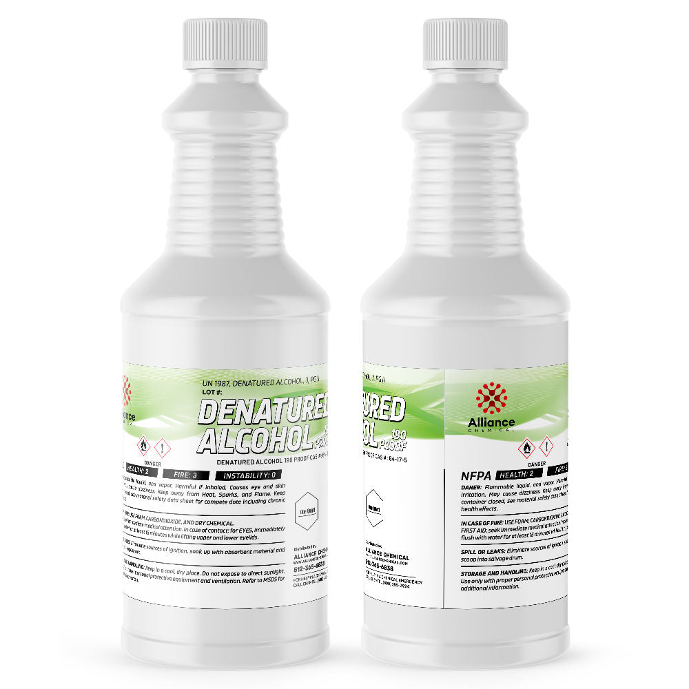 Two 1-quart plastic bottles of Alliance Chemical Denatured Alcohol 190 Proof 3A with white caps and product labels.