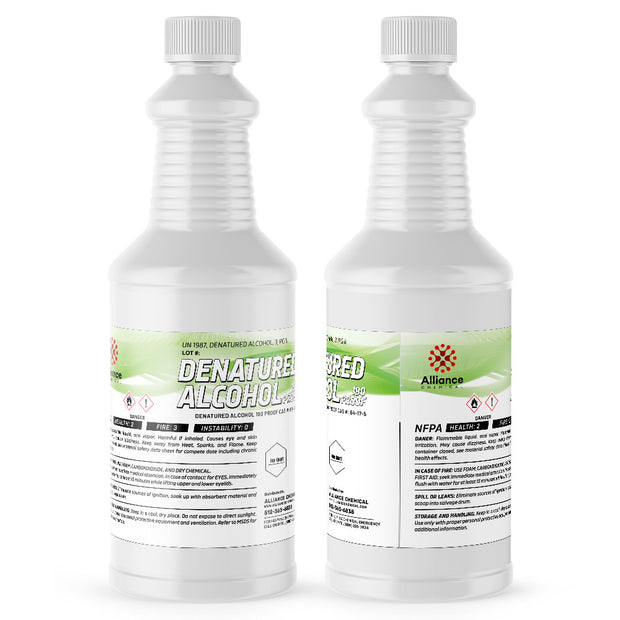 Two 1-quart plastic bottles of Alliance Chemical Denatured Alcohol 190 Proof 3A with white caps and product labels.