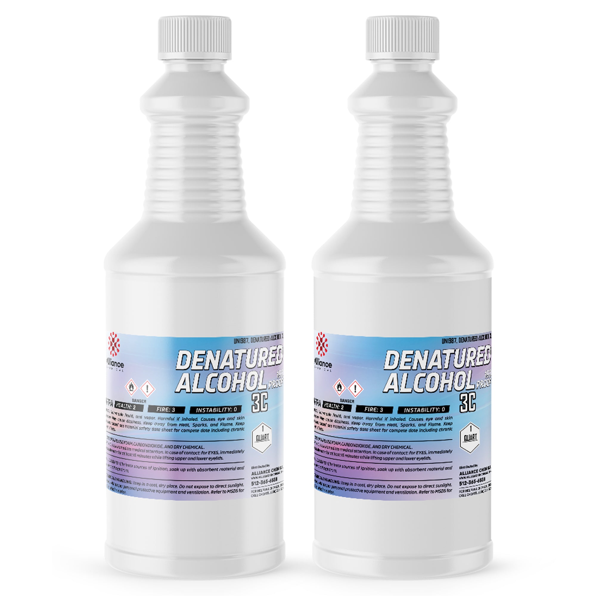 2-quart bottles of 190-proof denatured alcohol 3C in ribbed HDPE containers with flammable warning symbols and safety data labeling.