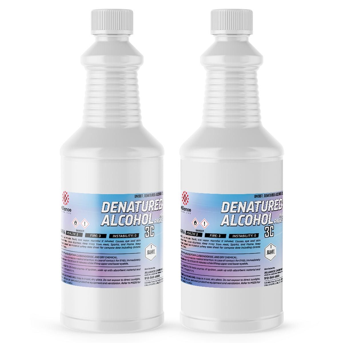 Two 1-quart plastic bottles of Alliance Chemical Denatured Alcohol 190 Proof 3C with white caps and product labels