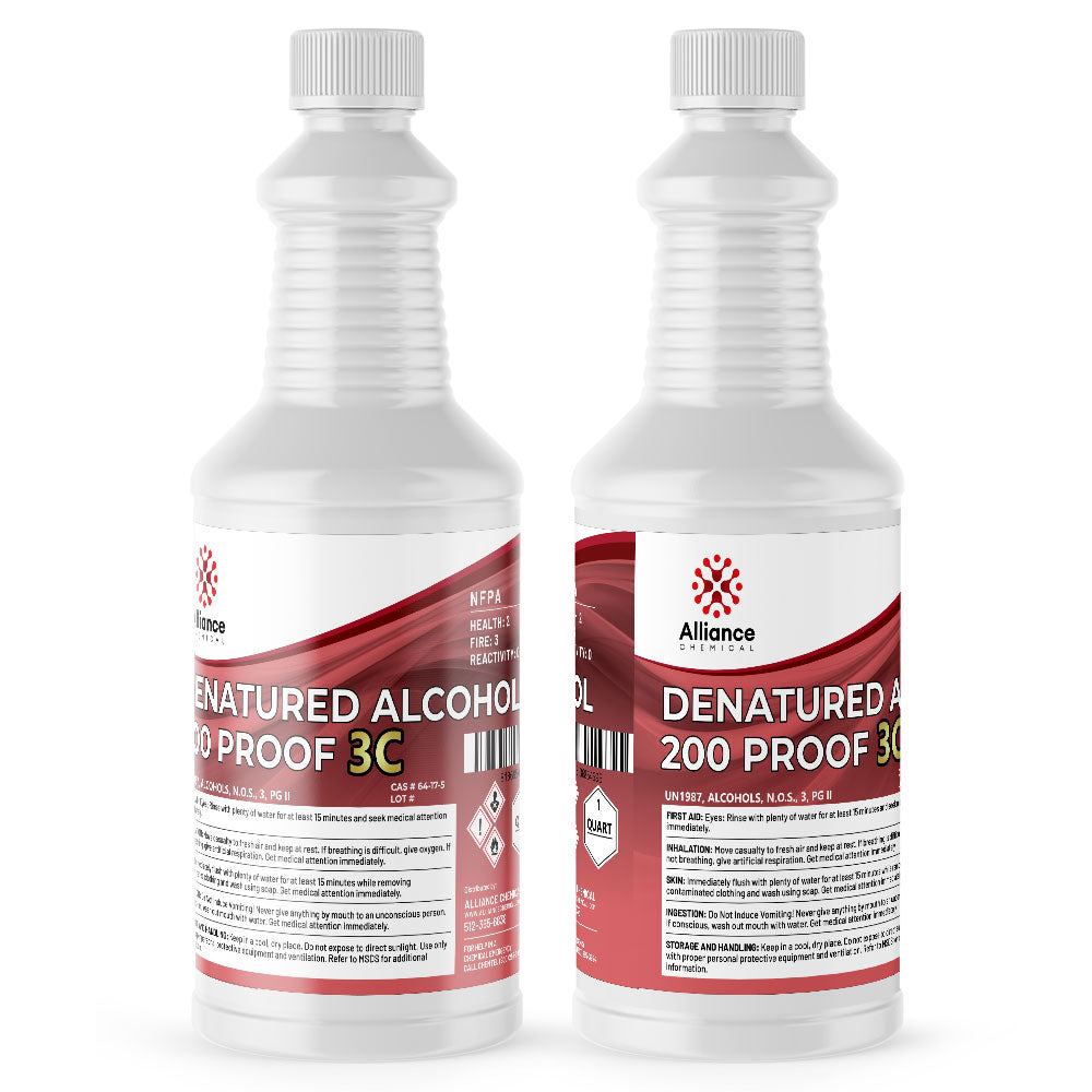 1-quart bottles of Alliance Chemical 200-proof denatured alcohol 3C in ribbed HDPE containers with GHS hazard symbols and safety warnings.