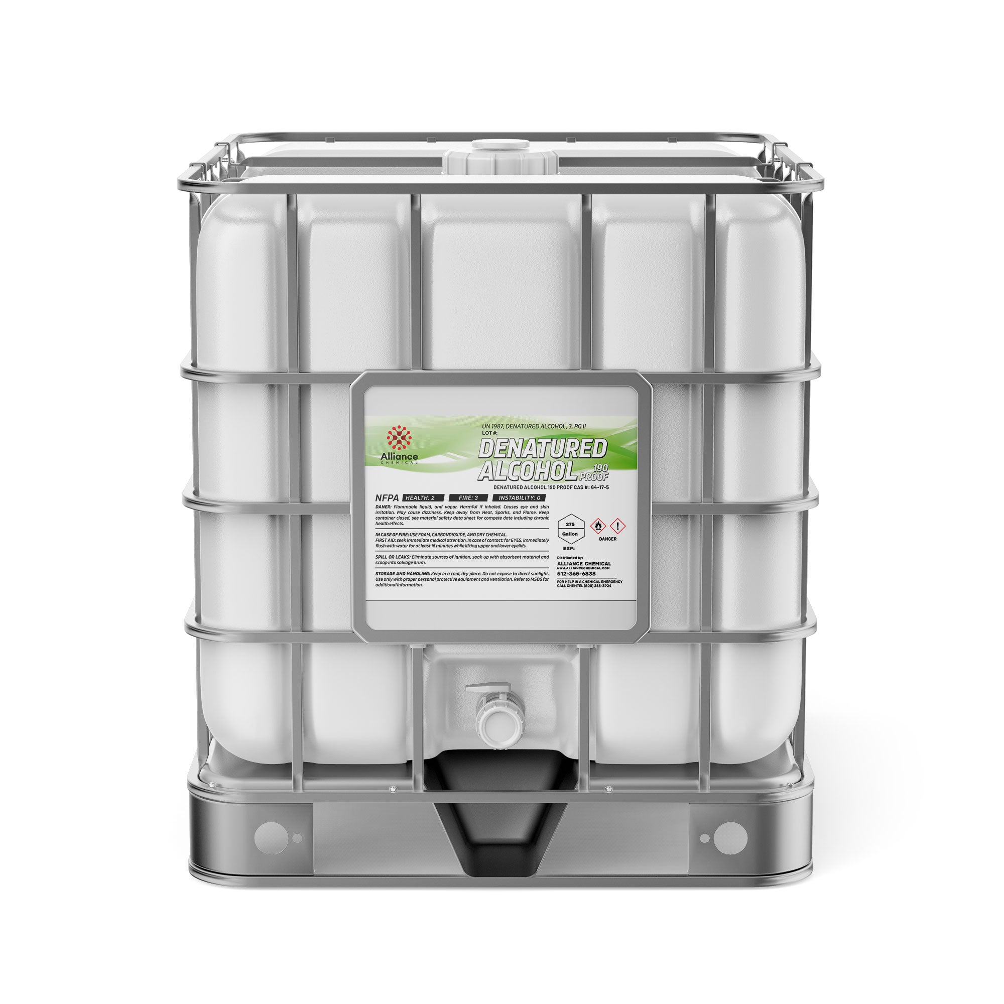 275-gallon IBC tote of Alliance Chemical 190-proof denatured alcohol with NFPA diamond, metal cage frame, and bottom discharge valve.