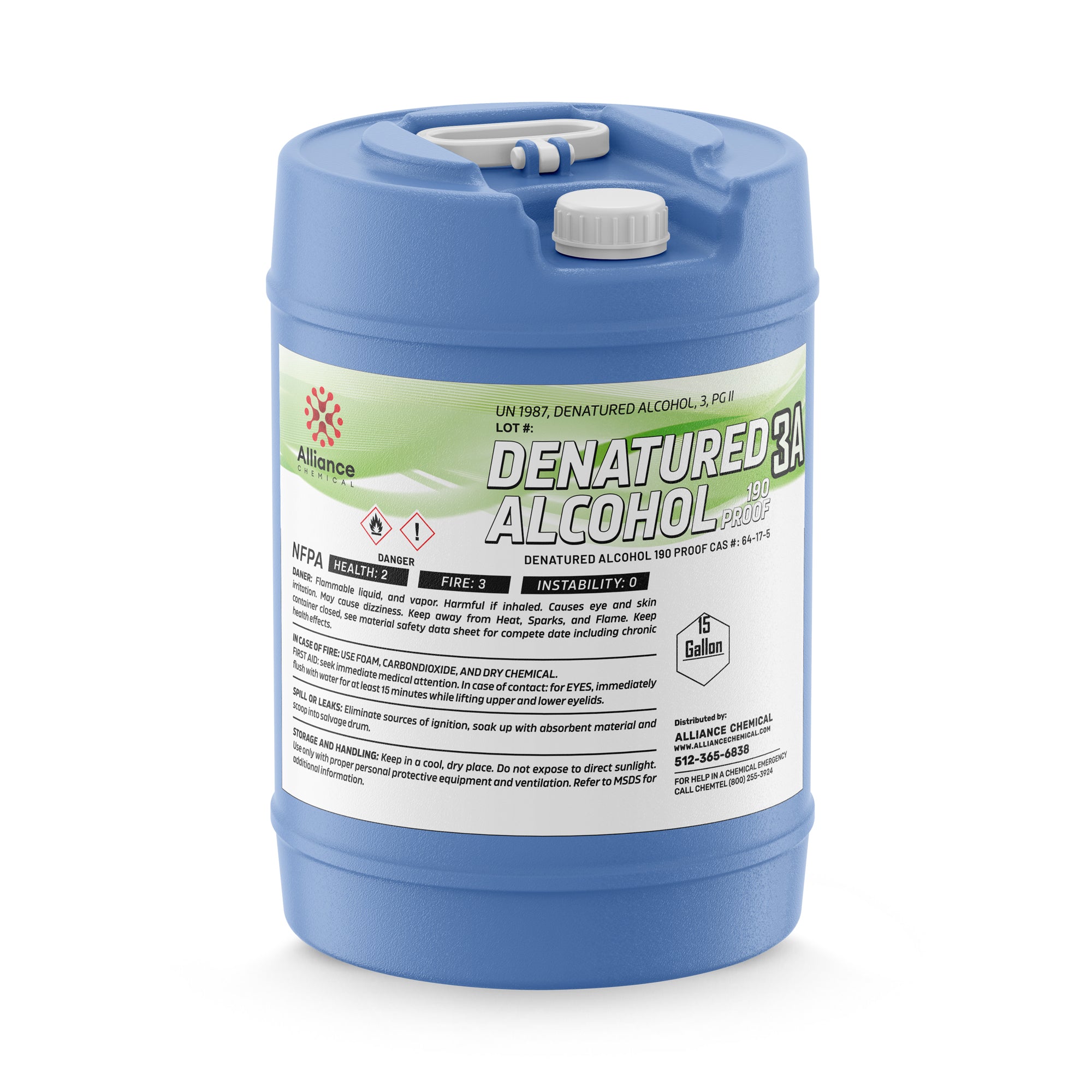 5-gallon blue HDPE carboy of 190-proof denatured alcohol 3A with UN1987 classification, NFPA diamond, and chemical hazard warnings.