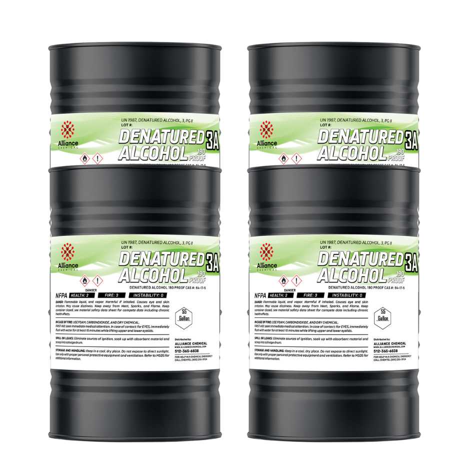 55-gallon black steel drums of 190-proof denatured alcohol 3A with UN1987 designation, NFPA diamond, and flammability warning labels by Alliance Chemical.