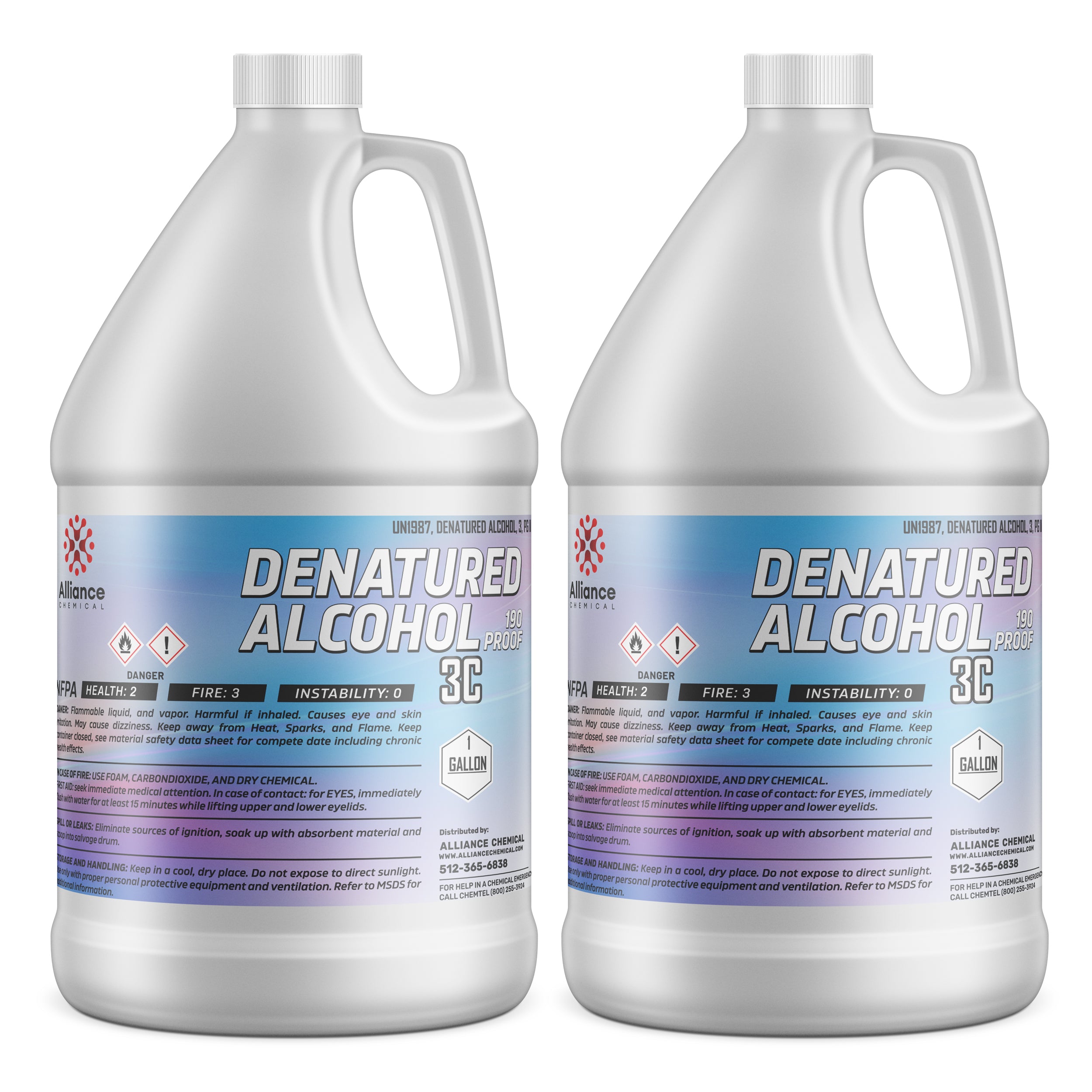 2-gallon denatured alcohol 190-proof 3C in white HDPE jugs with NFPA diamond (2-3-0), flammable warning symbols, and Alliance Chemical branding.