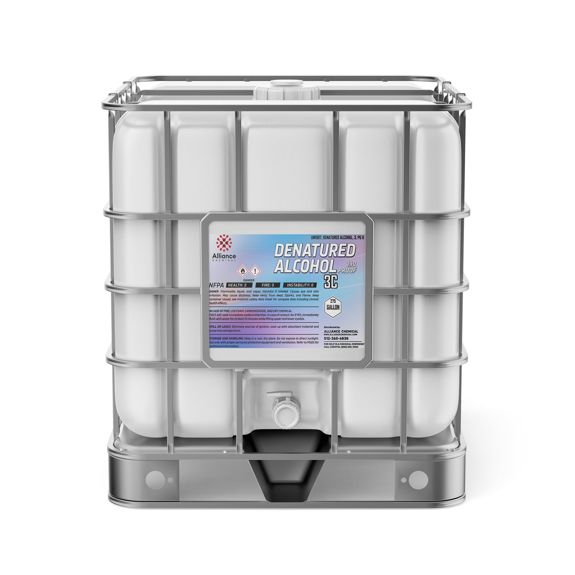275-gallon IBC tote of Alliance Chemical denatured alcohol (190 proof), featuring NFPA diamond, hazard symbols, and bottom discharge valve in metal cage frame.