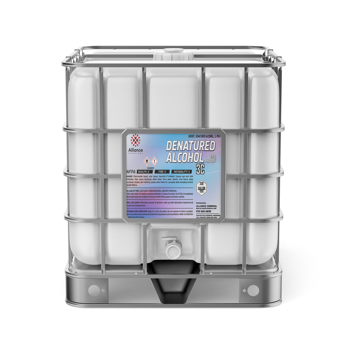Alliance Chemical 330-gallon tote of Denatured Alcohol 190 Proof 3C with a steel cage and a white plastic spigot.