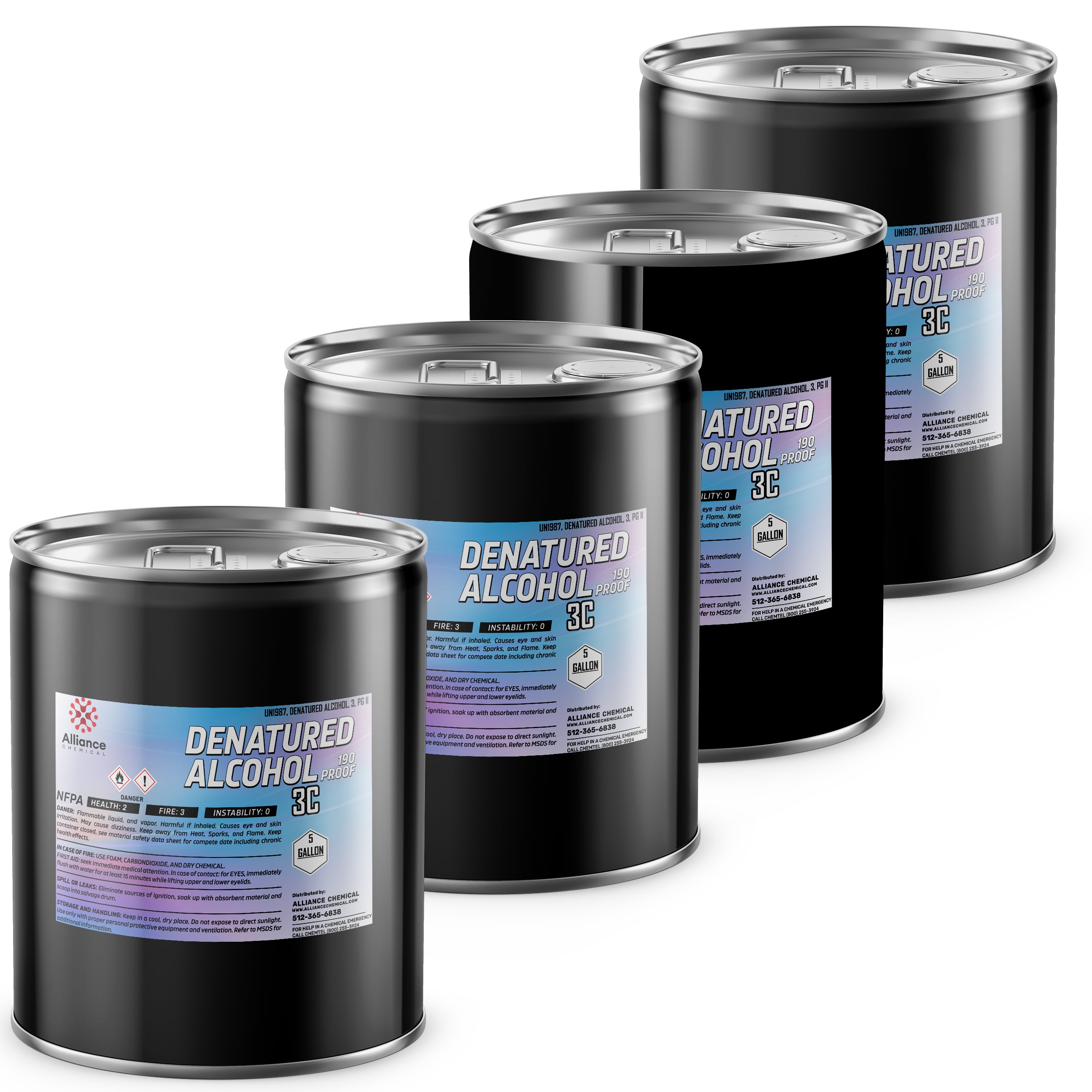 5-gallon black steel drums of 190-proof denatured alcohol 3C with NFPA diamond, flammable warning labels, and secure-fit lids, shown in group of four.