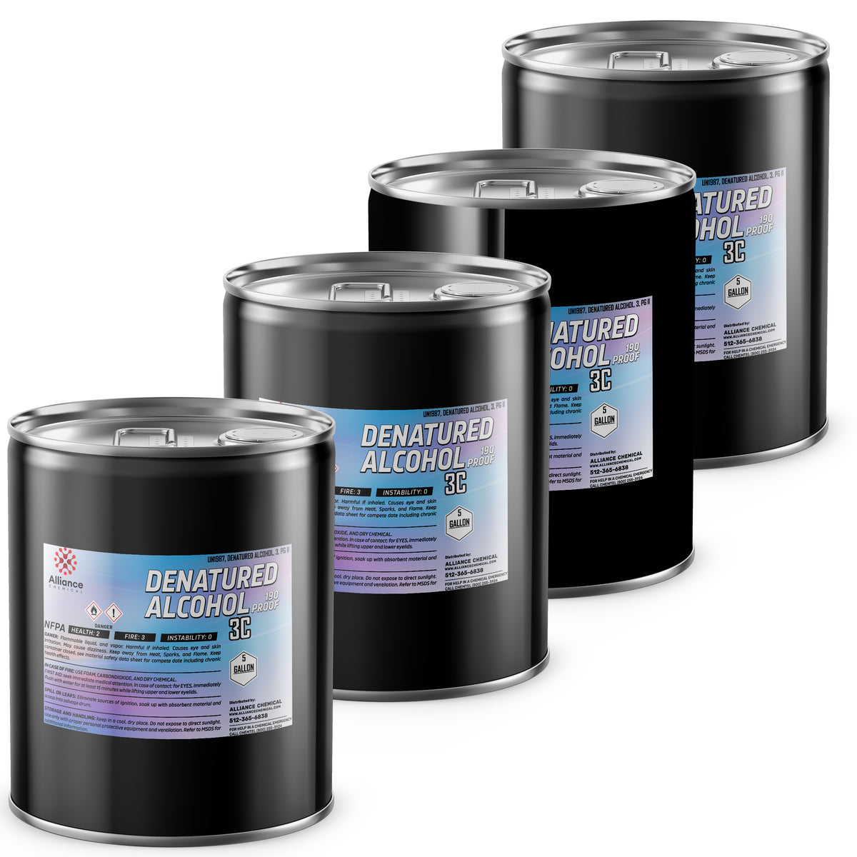 Four 5-gallon steel pails of Alliance Chemical Denatured Alcohol 190 Proof 3C with labels and silver-colored closures.