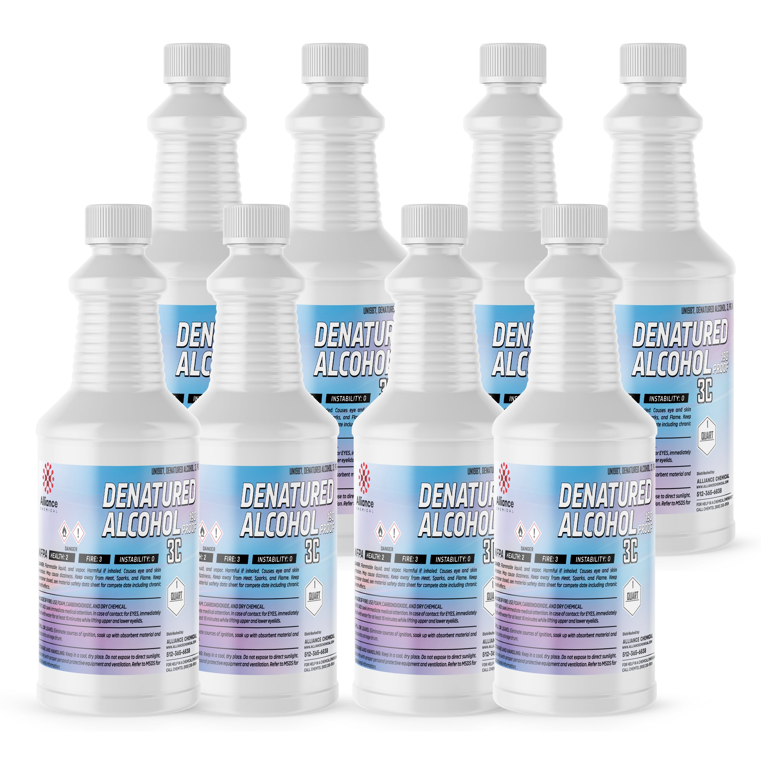 8x1 quart denatured alcohol 190-proof 3C in clear HDPE bottles with blue labels, GHS warning symbols, and child-resistant caps.