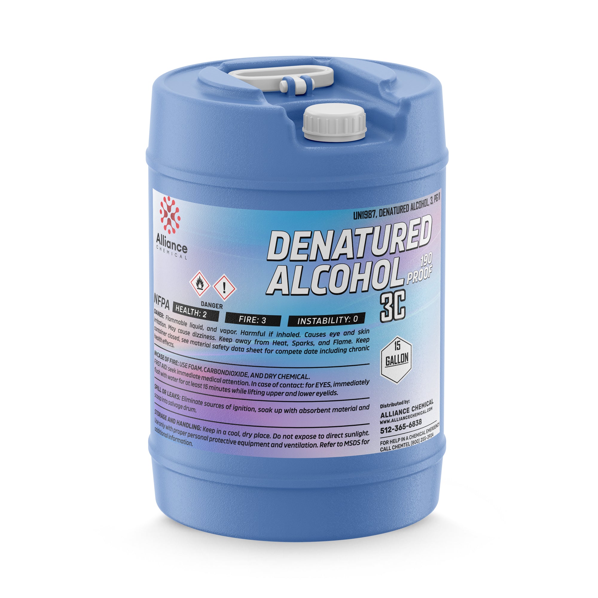 15-gallon blue HDPE carboy of Alliance Chemical denatured alcohol 190-proof 3C with NFPA diamond, flammable/danger symbols, and white screw cap.