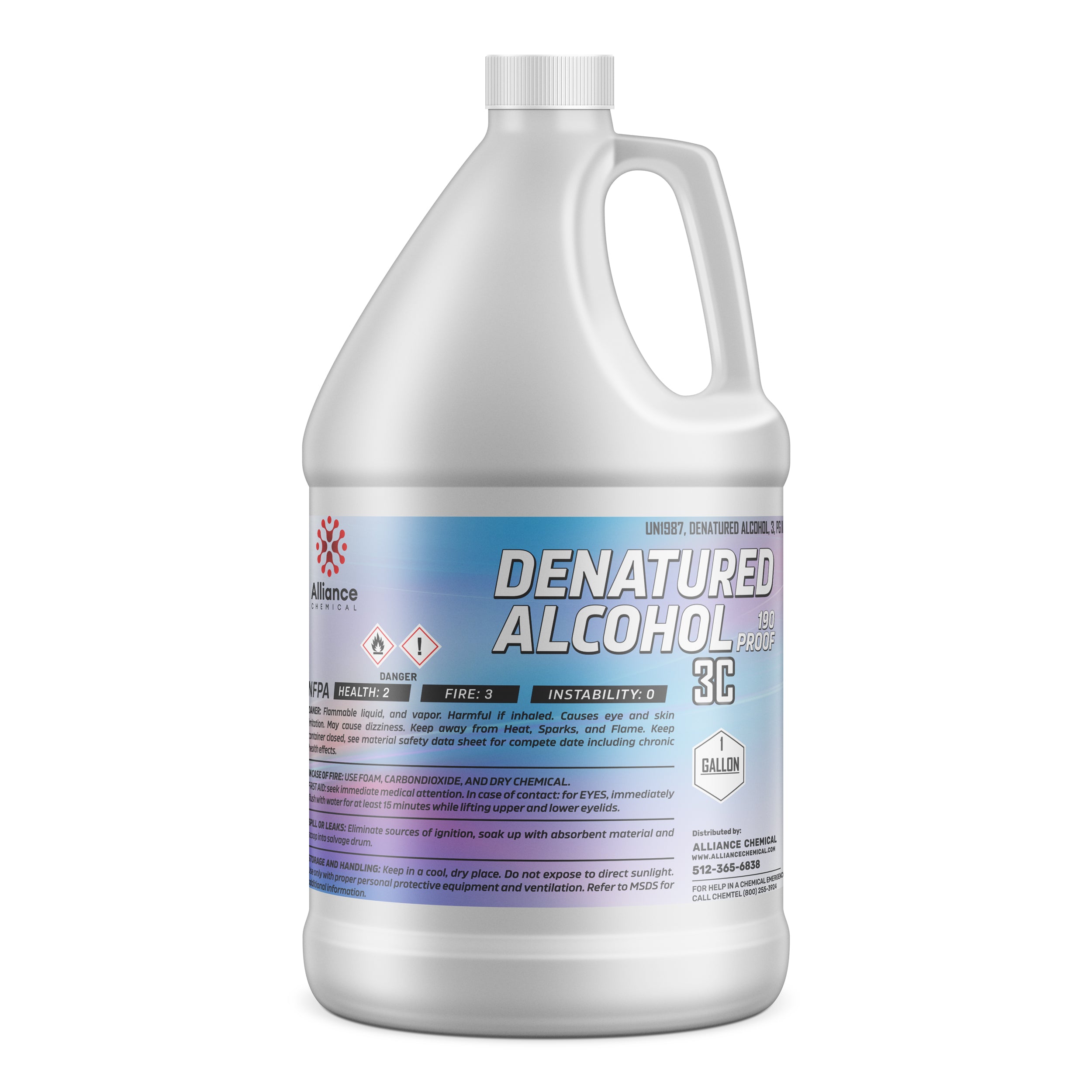 One-gallon HDPE jug of Alliance Chemical 190-proof denatured alcohol (3C) with NFPA diamond, flammable warning symbols, and graduated blue label.