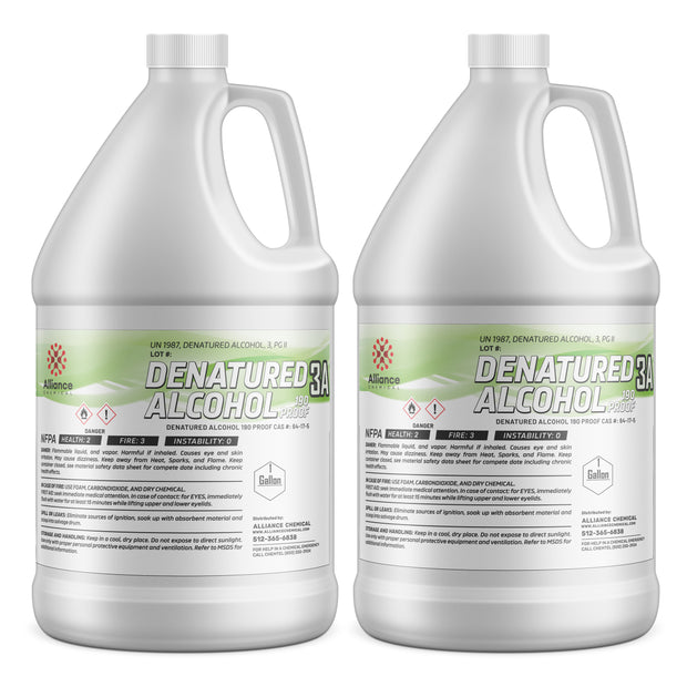 1-gallon HDPE jugs of Alliance Chemical 190-proof denatured alcohol 3A with NFPA diamond, UN1987 marking, and safety warnings
