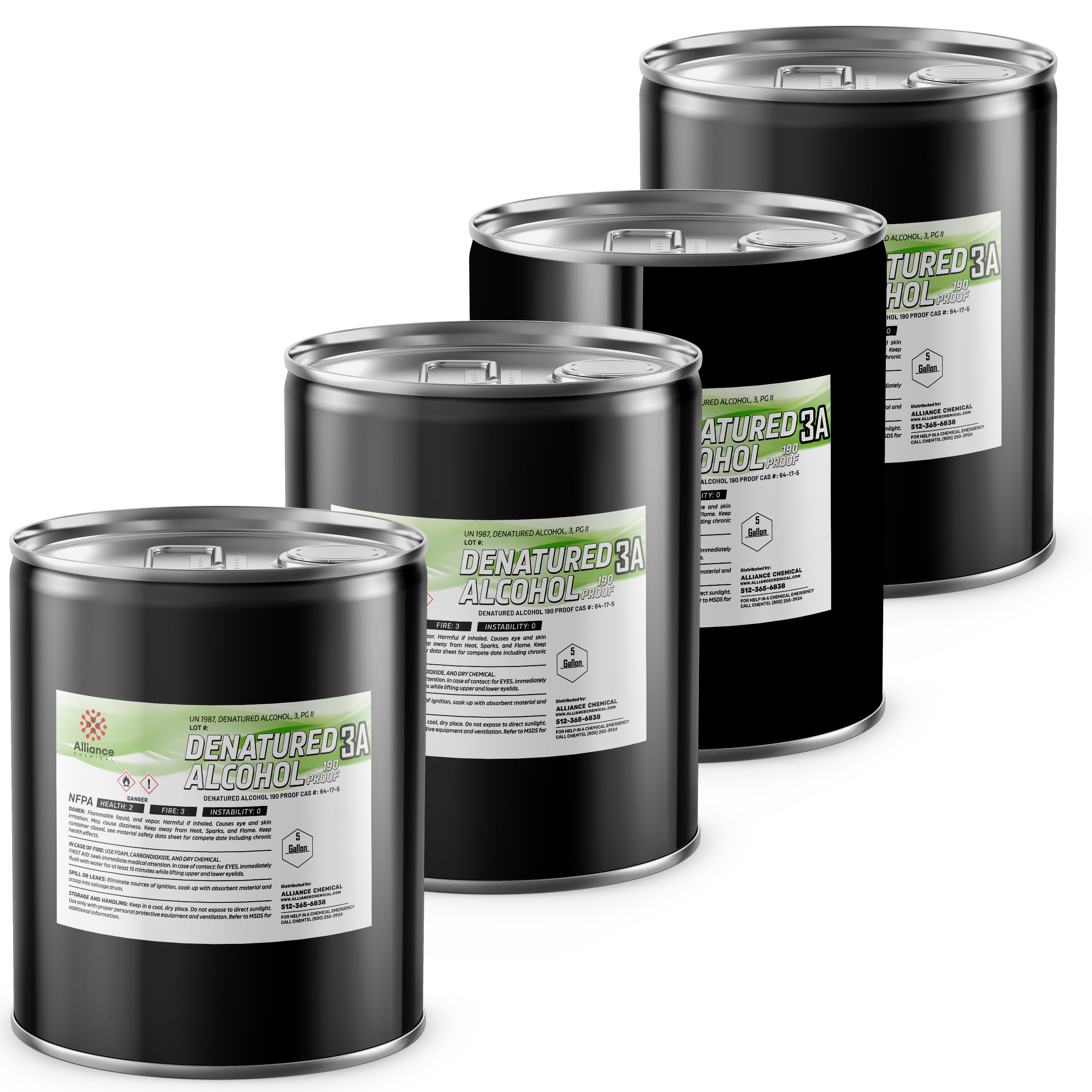 4x5-gallon steel drums of Denatured Alcohol 190 Proof 3A with NFPA hazard labels, UN1987 classification, and sealed industrial-grade lids.